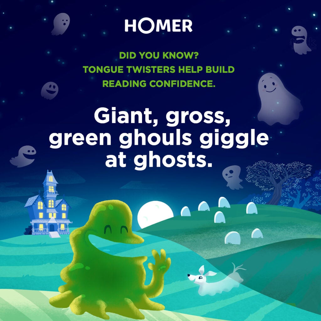 Illustration of big green slime in graveyard at night with ghosts. Text reads Giant, gross, green ghouls giggle at ghosts.