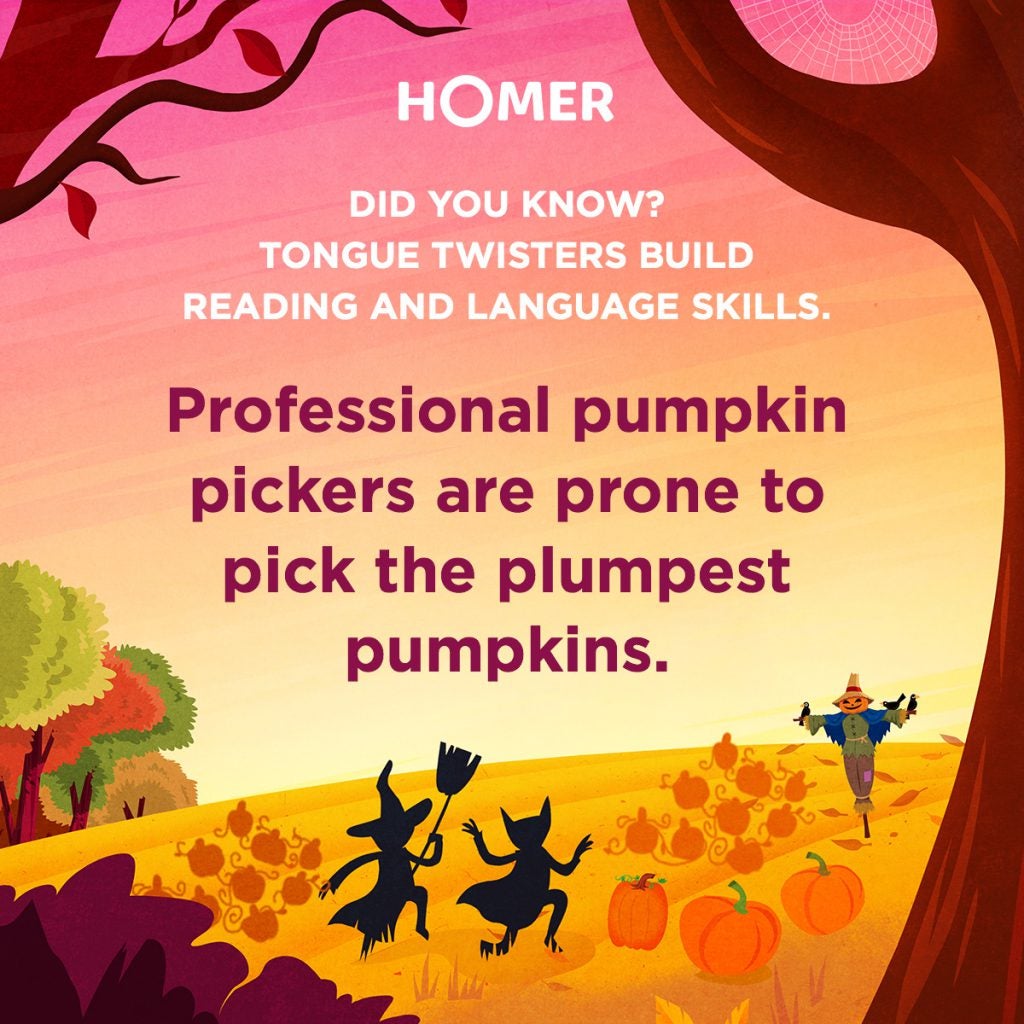 Illustration of children in Halloween costumes running through field of pumpkins toward scarecrow, text reads Professional pumpkin pickers are prone to pick the plumpest pumpkins