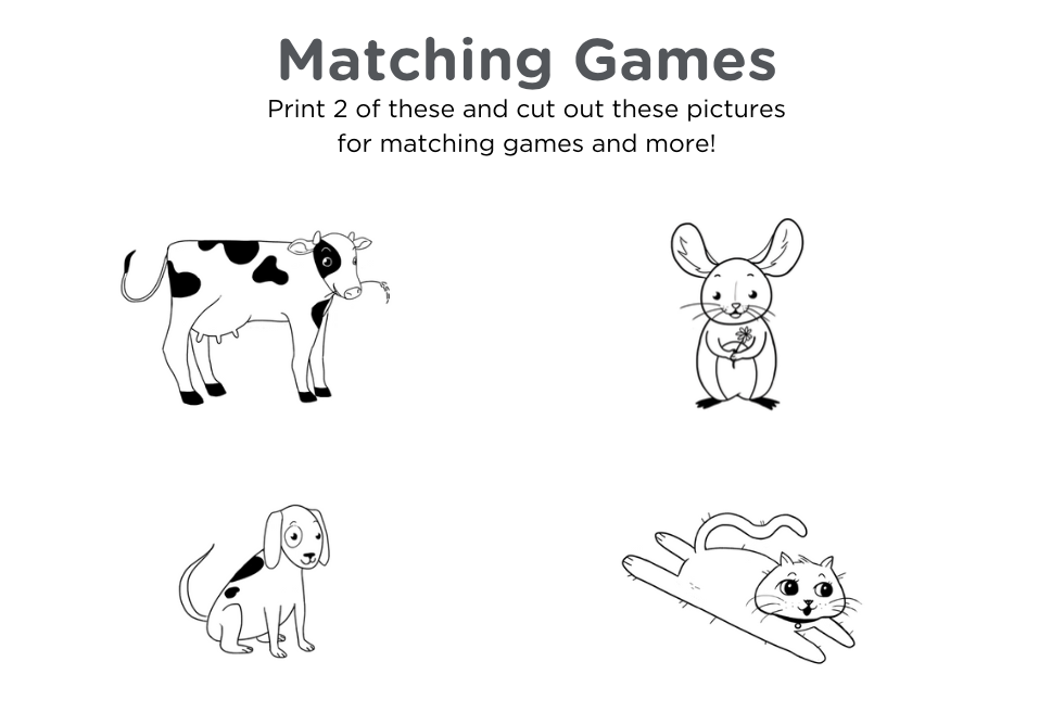Free matching games printable with cow, mouse, dog, and cat on it