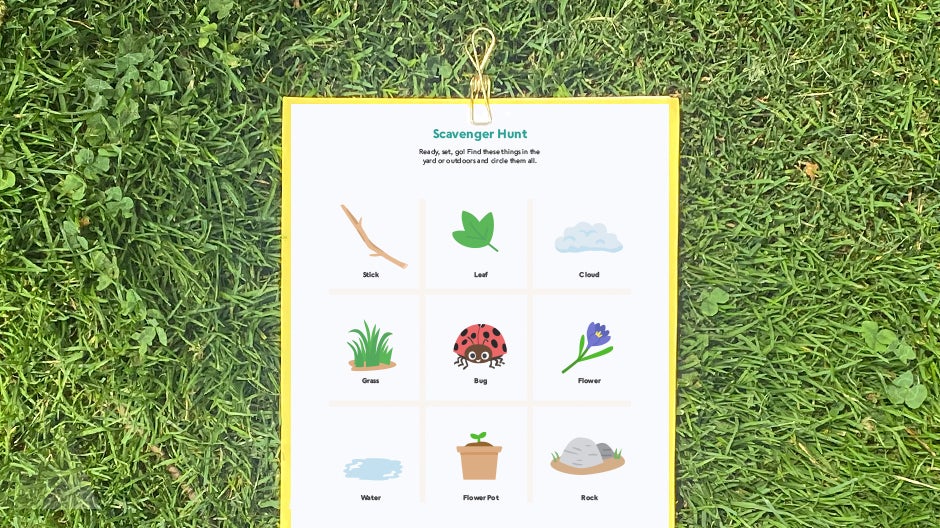 Completed Outdoor Scavenger Hunt printable on grass