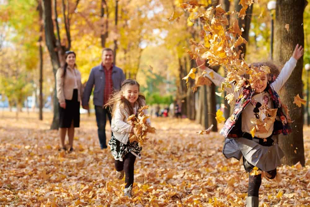 kids playing with leaves 