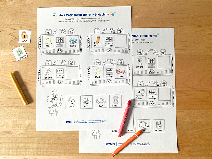 Rhyming machine printable in progress on table with crayons