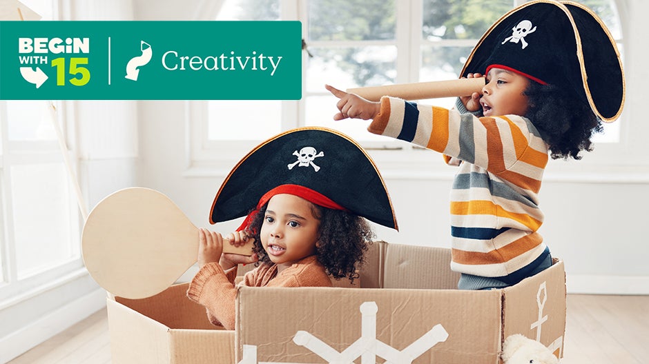 Blog header: Two kids using a box to play pirate ship, text reading Begin with 15: Creativity
