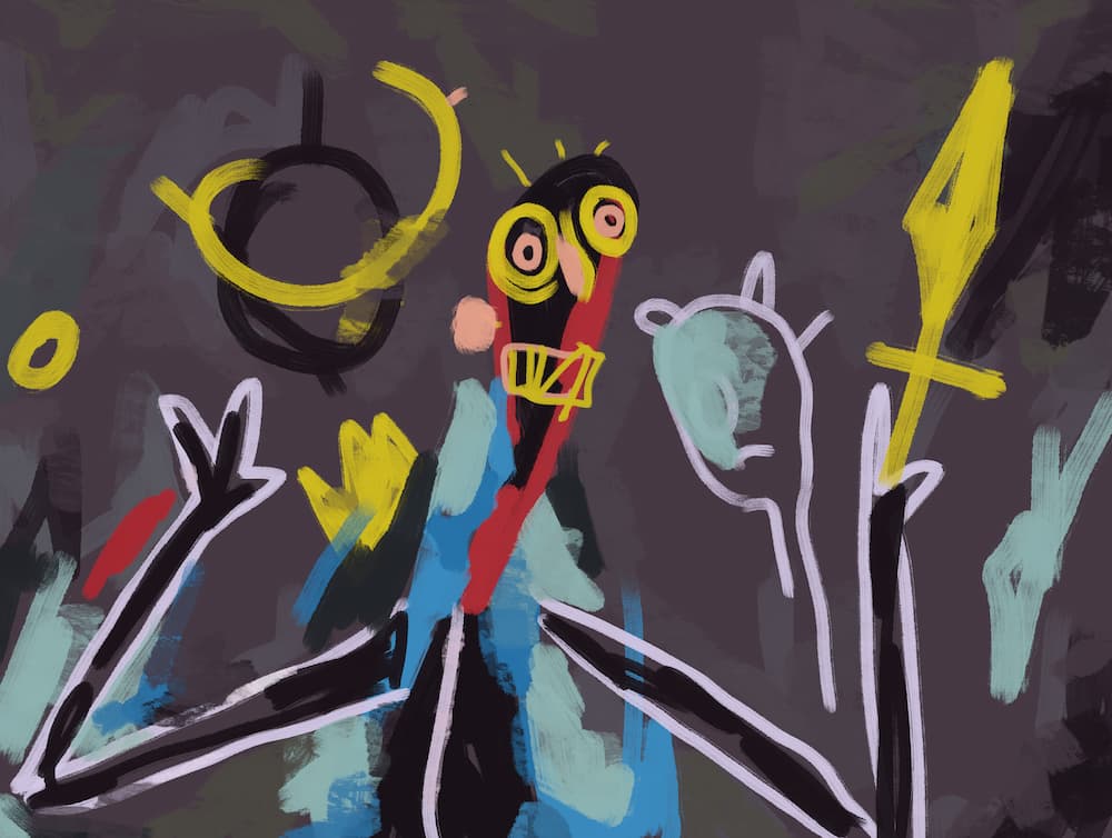 Basquiat-inspired self-portrait of a person holding a pointed yellow object