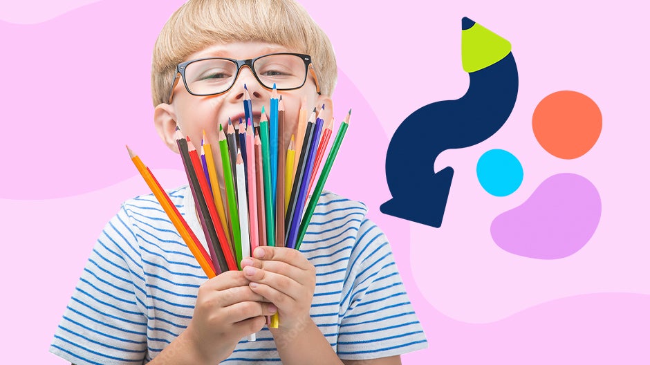 Header image: Child holding a bunch of colored pencils in front of their face, stylized image representing creativity next to them