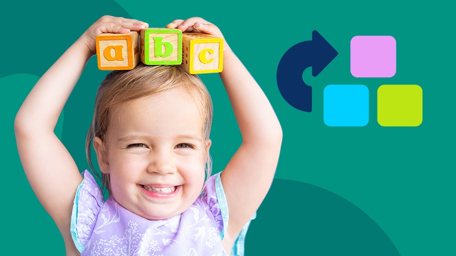 Blog header: Toddler holding ABC blocks on her head next to an icon representing core skills