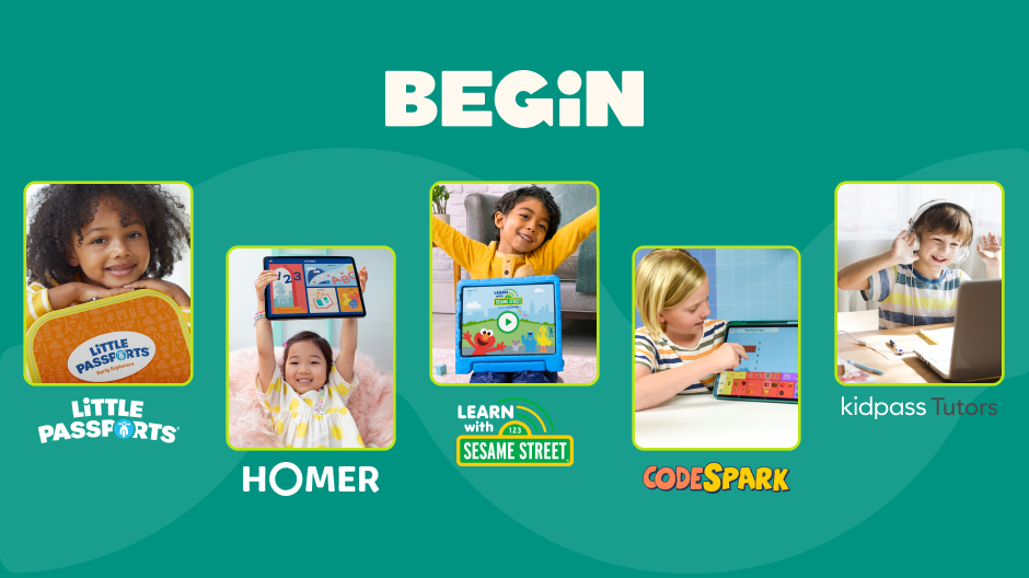 Images showing kids enjoying the five Begin brands: Little Passports, HOMER, Learn with Sesame, codeSpark, and KidPass Tutors