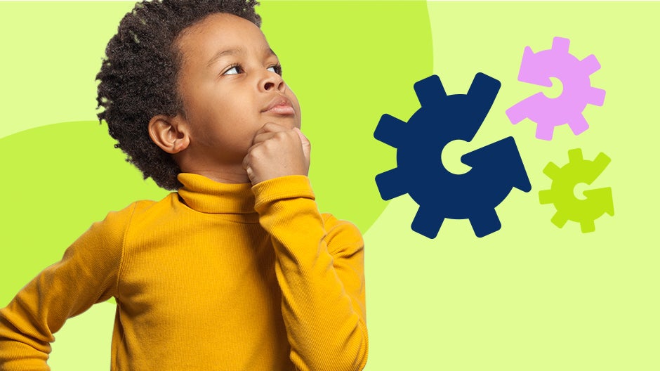 Blog header: Child with hand on chin looking thoughtful next to icon representing critical thinking