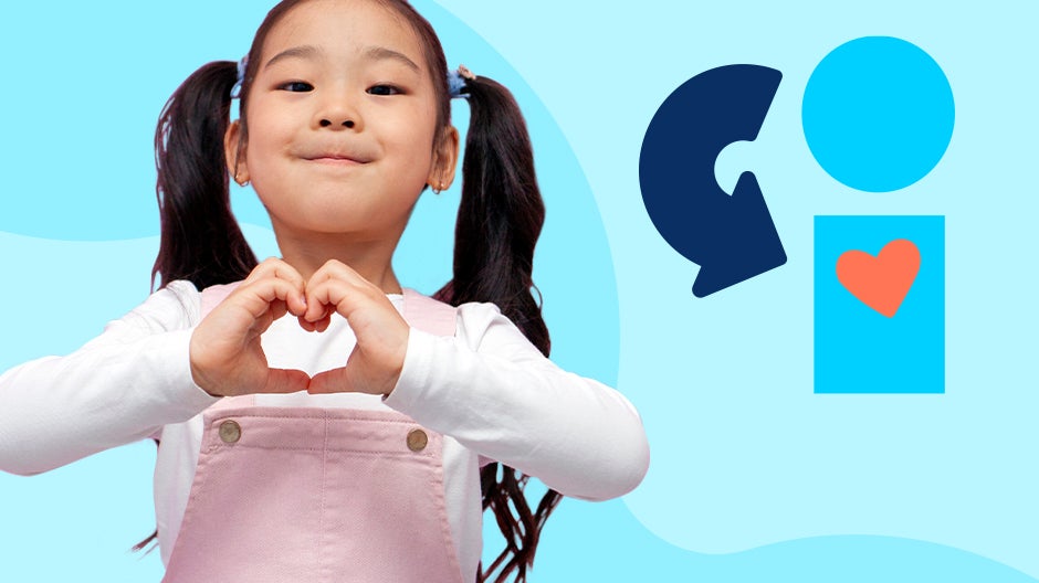 Blog header: Girl making heart with her hands next to icon representing character