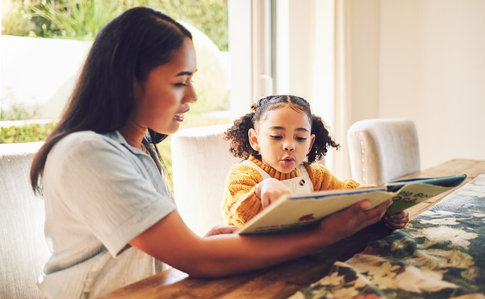 Mother and daughter working on reading using phonograms