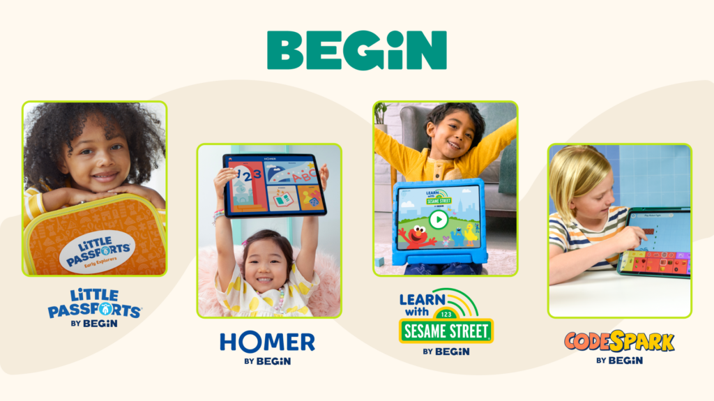 Photo illustration showing photos of kids using the Begin brands: Little Passports, HOMER, Learn with Sesame Street, and codeSpark