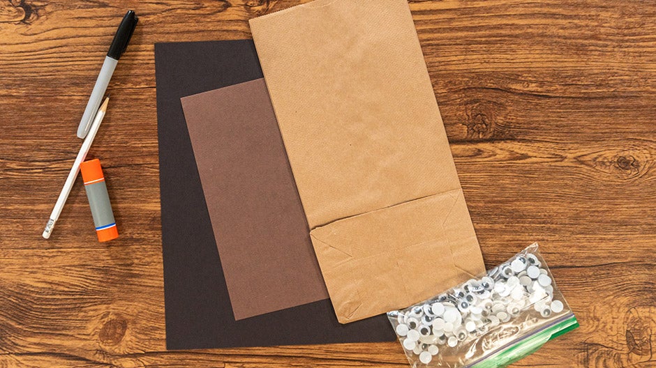 Materials to make paper bag puppets on a table