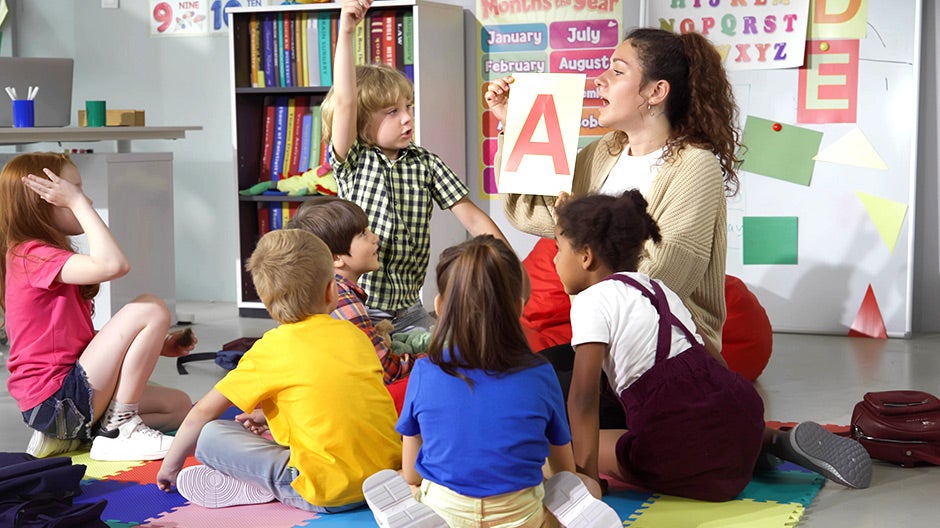 Teacher doing phonemic awareness activities with a class