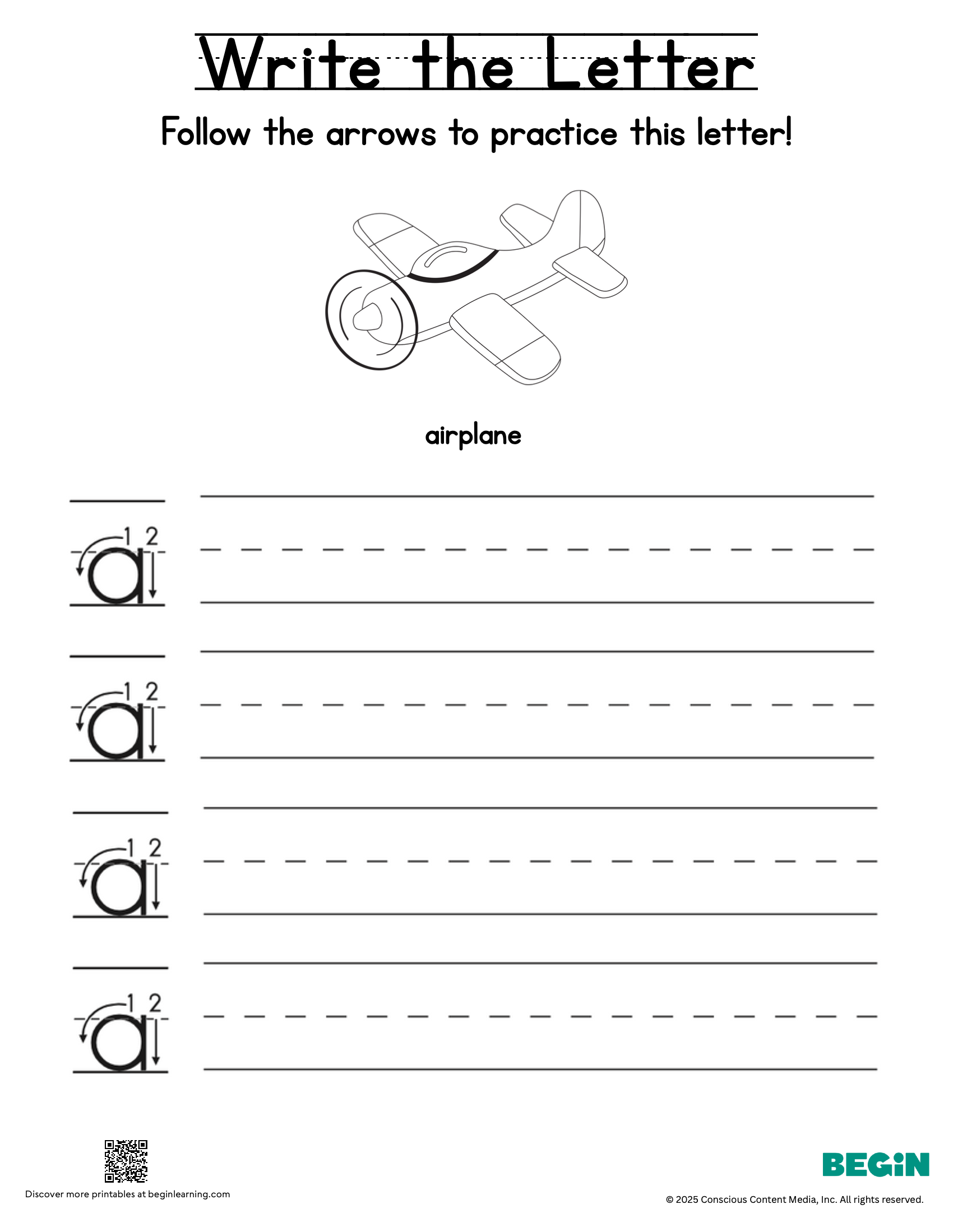 Printing & Writing Worksheet - Letter A - Lowercase