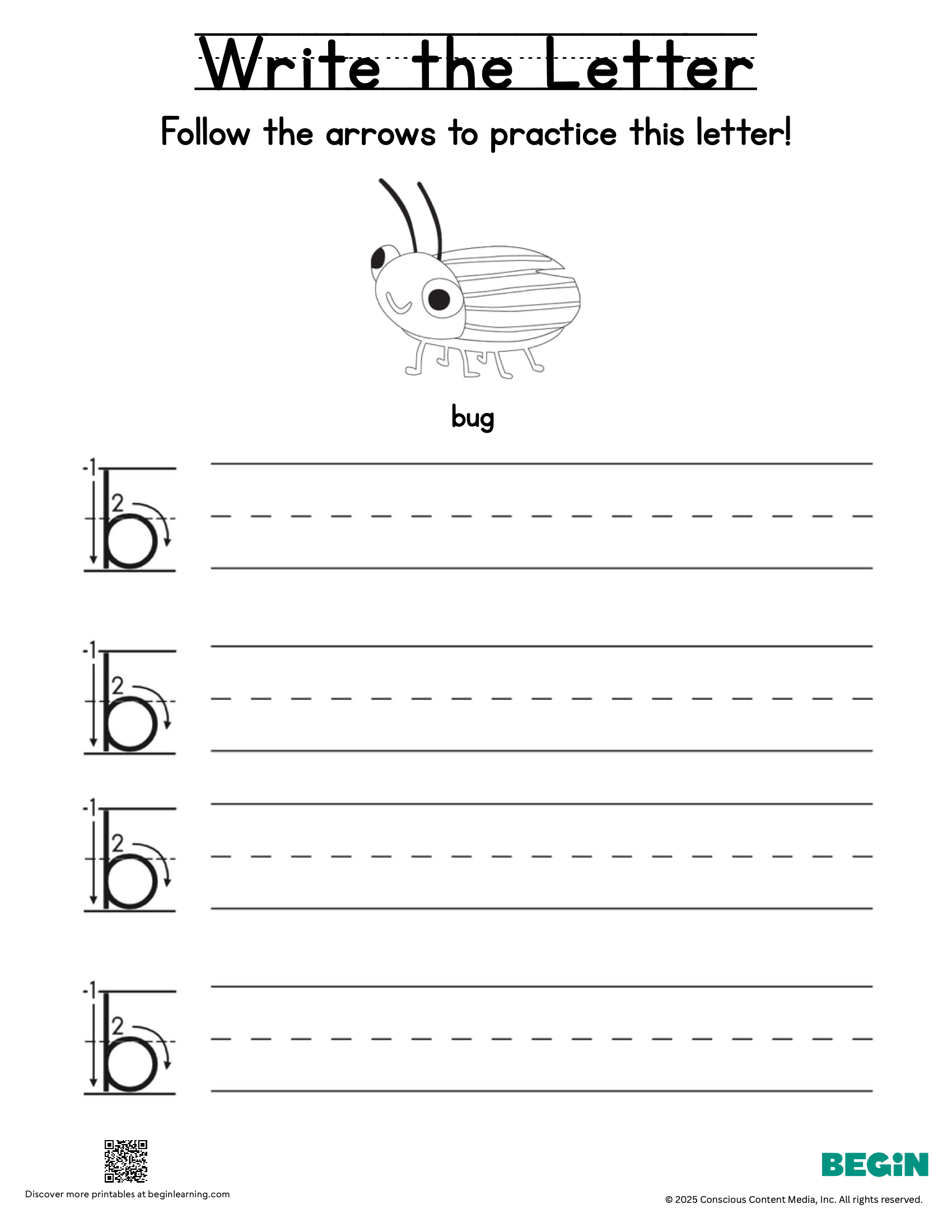 Printing & Writing Worksheet - Letter B - Lowercase