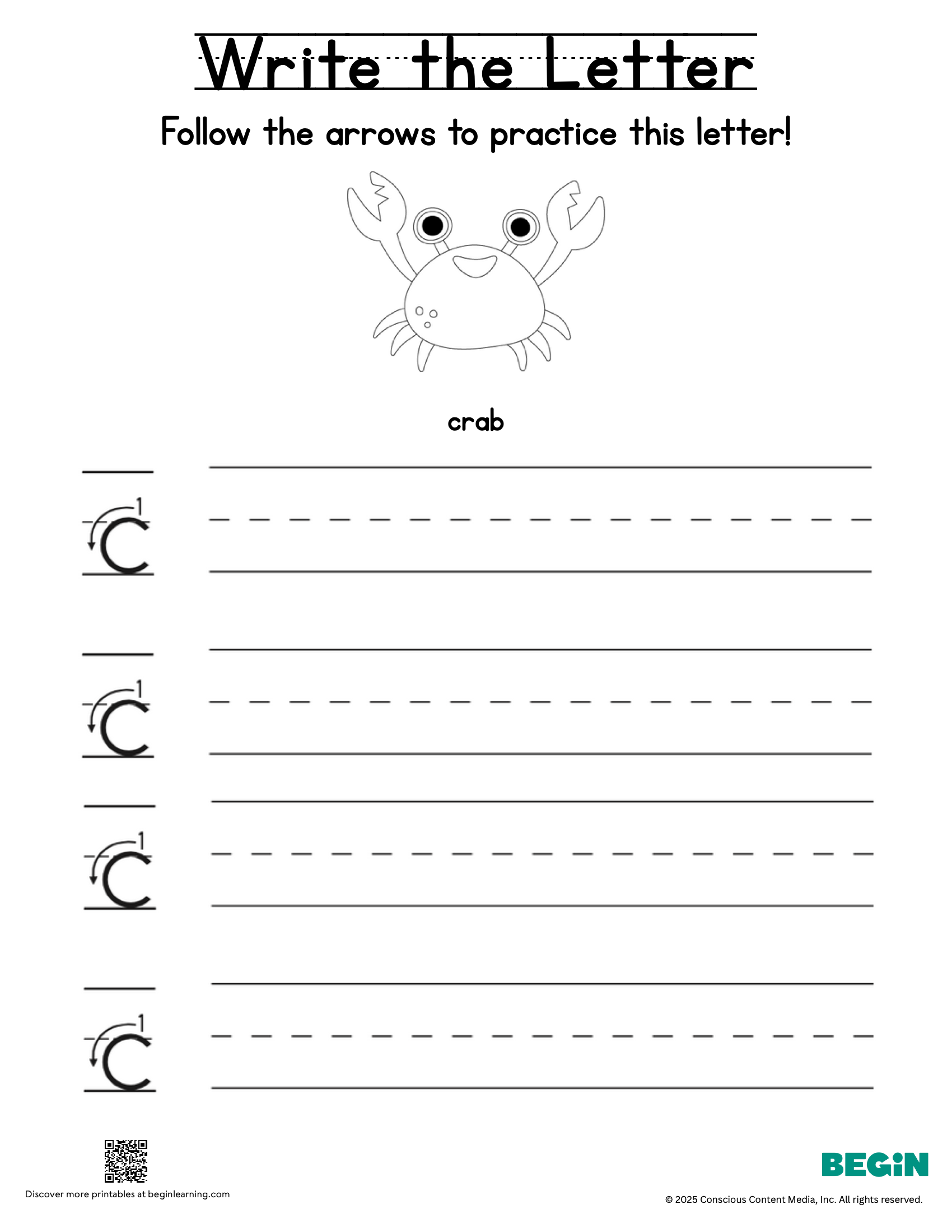 Printing & Writing Worksheet - Letter C - Lowercase