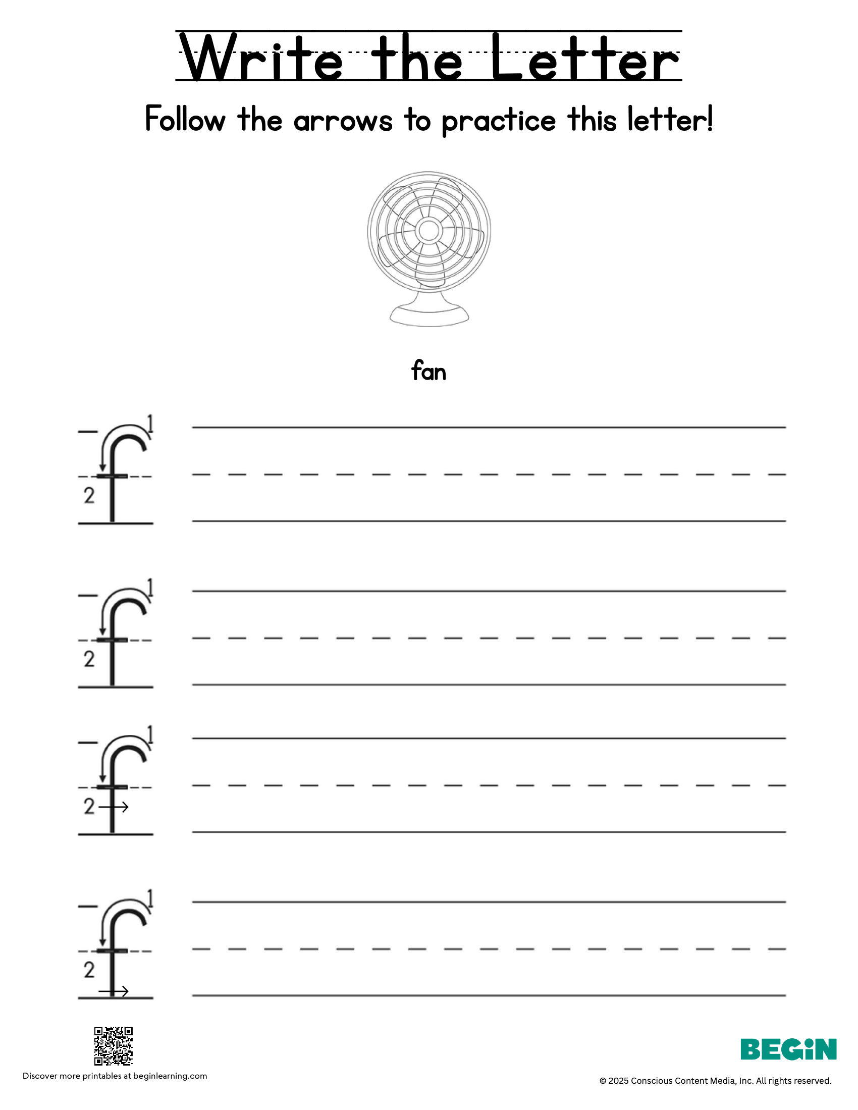 Printing & Writing Worksheet - Letter F - Lowercase