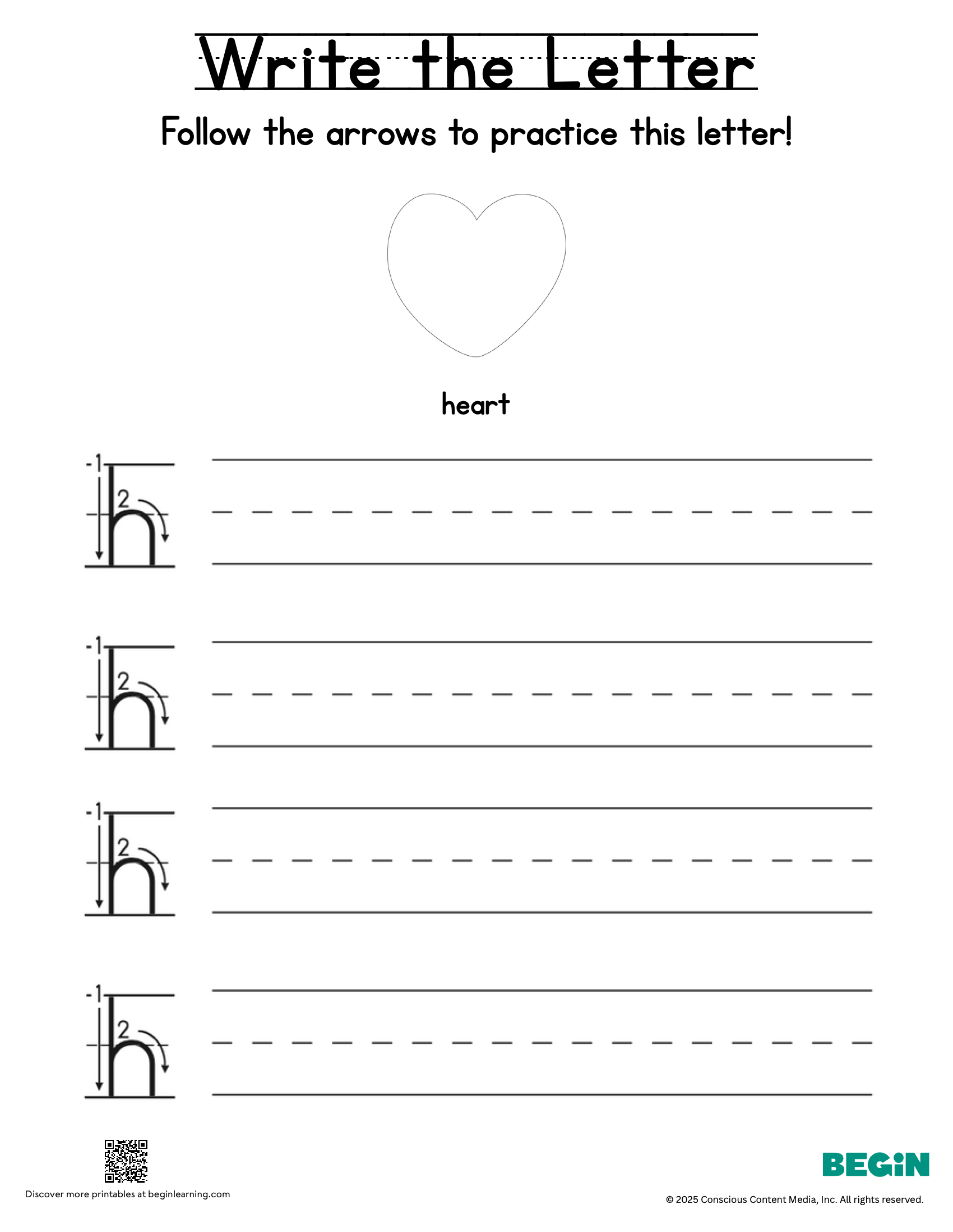 Printing & Writing Worksheet - Letter H - Lowercase