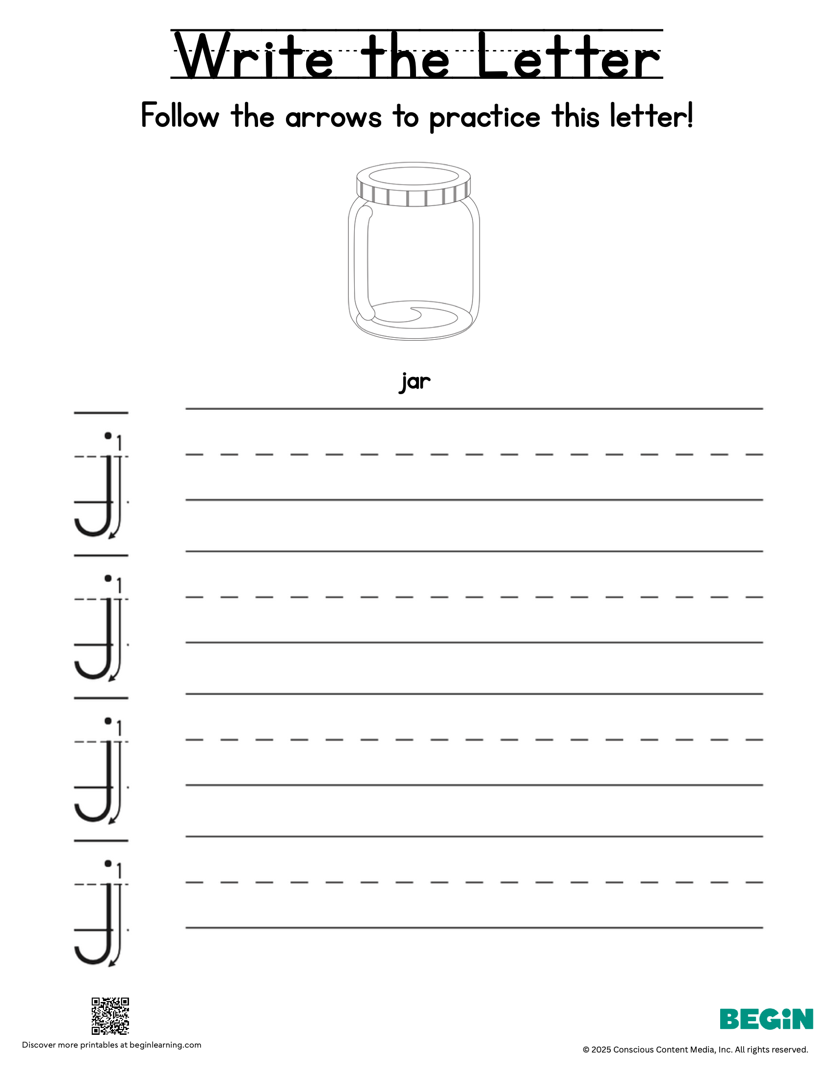 Printing & Writing Worksheet - Letter J - Lowercase