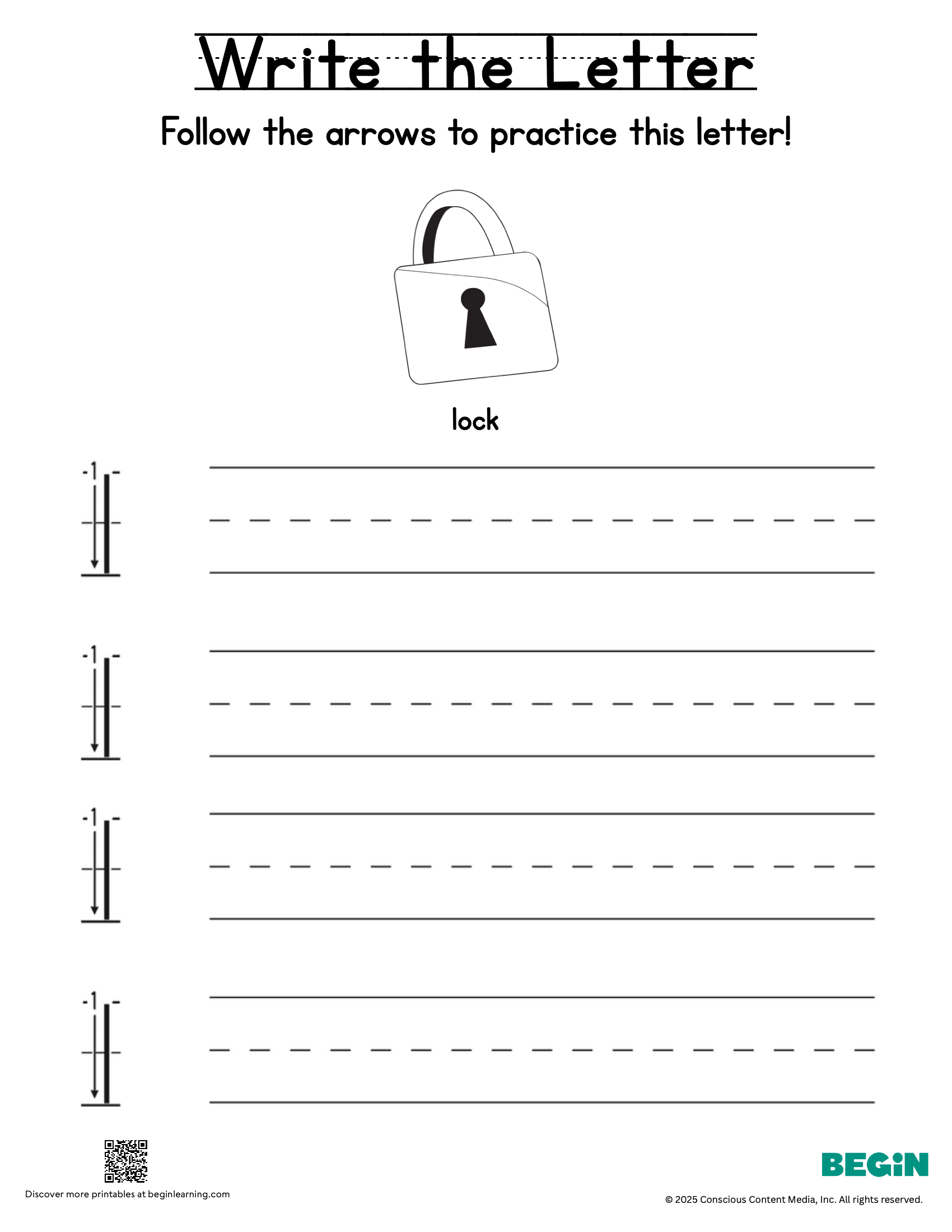 Printing & Writing Worksheet - Letter L - Lowercase
