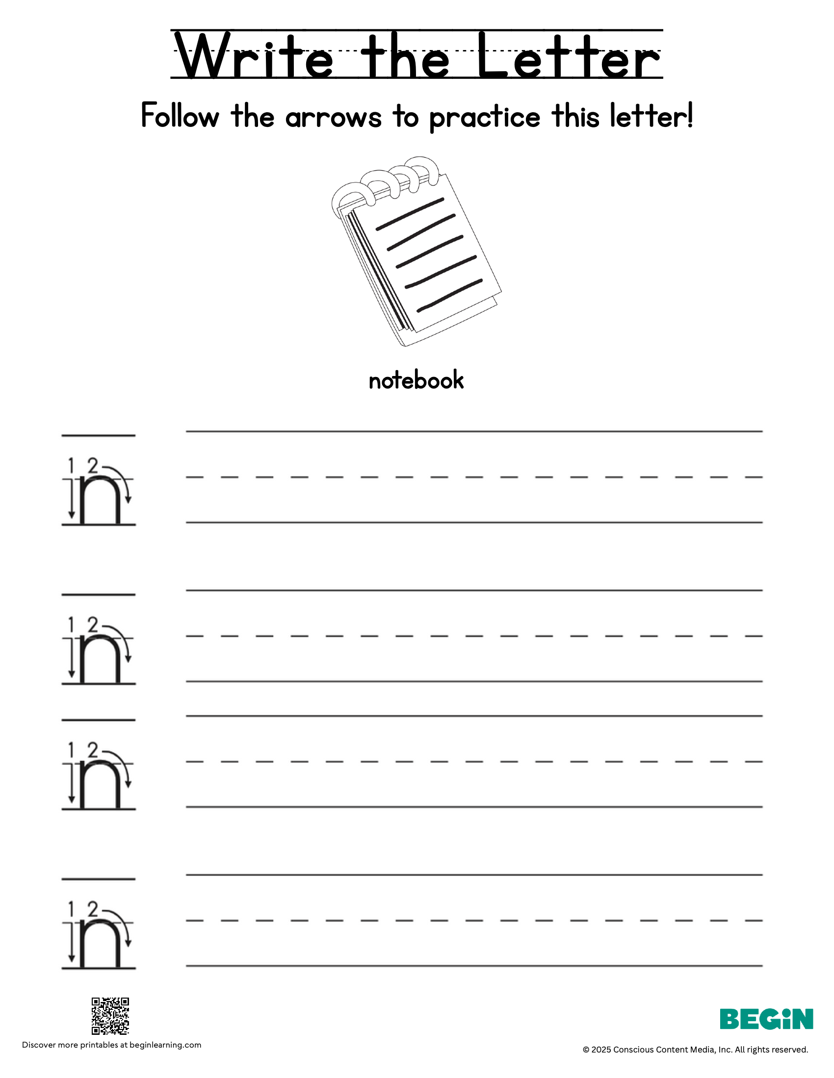 Printing & Writing Worksheet - Letter N - Lowercase