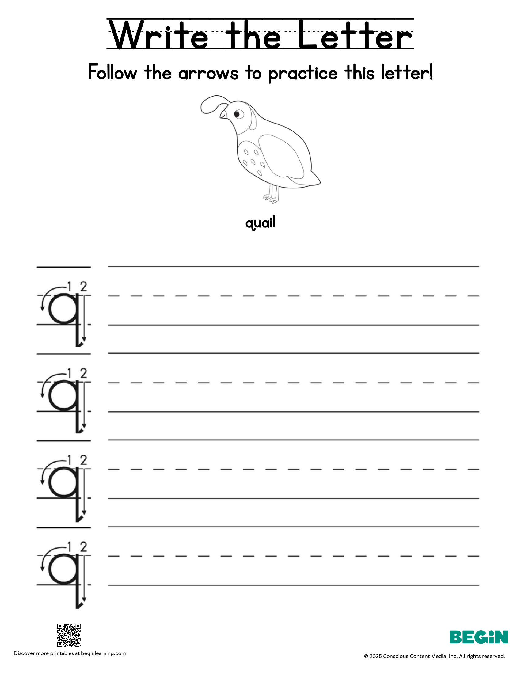 Printing & Writing Worksheet - Letter Q - Lowercase