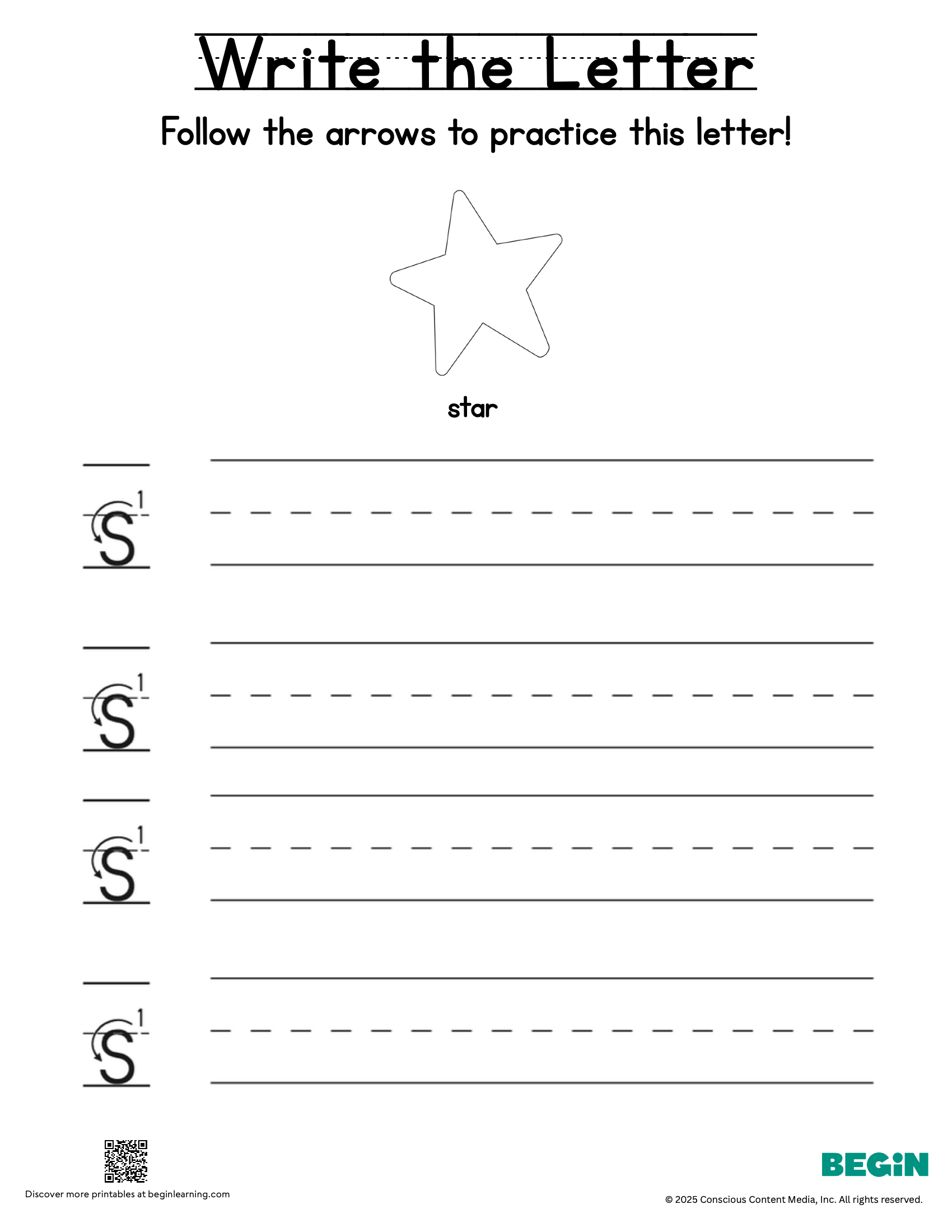 Printing & Writing Worksheet - Letter S - Lowercase