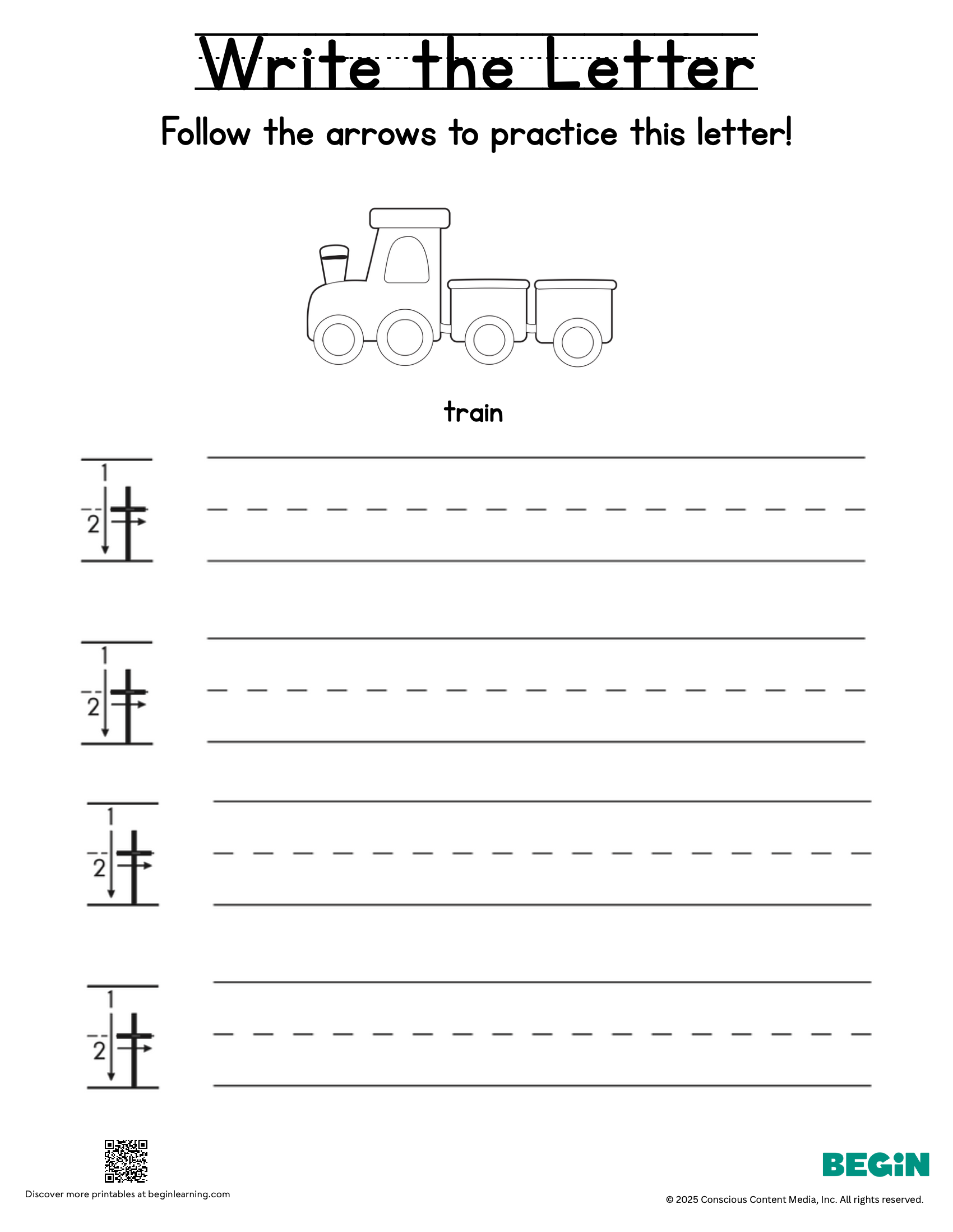 Printing & Writing Worksheet - Letter T - Lowercase