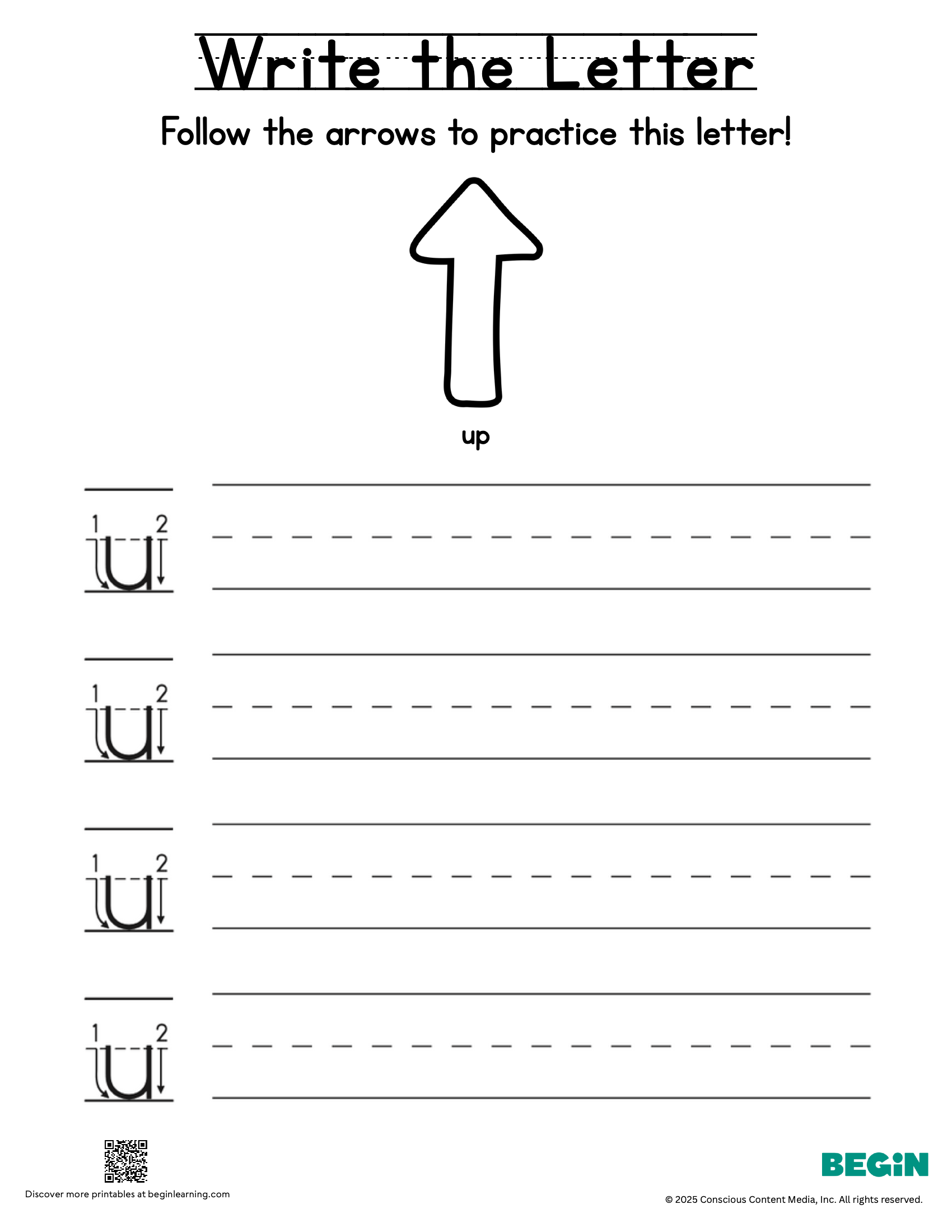Printing & Writing Worksheet - Letter U - Lowercase
