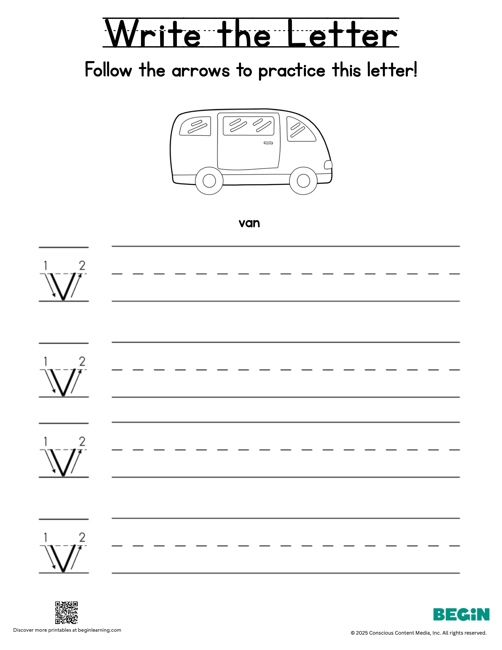 Printing & Writing Worksheet - Letter V - Lowercase