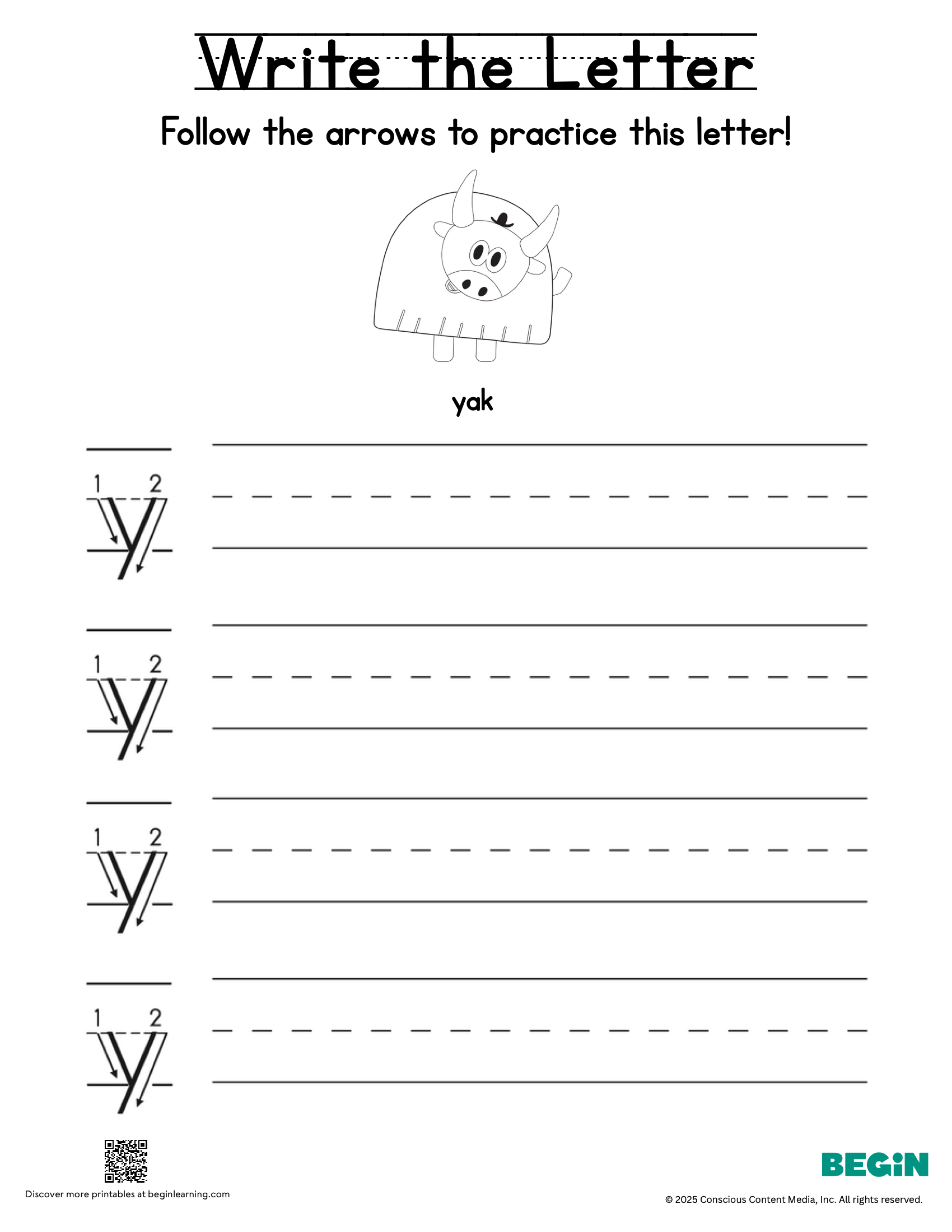 Printing & Writing Worksheet - Letter Y - Lowercase