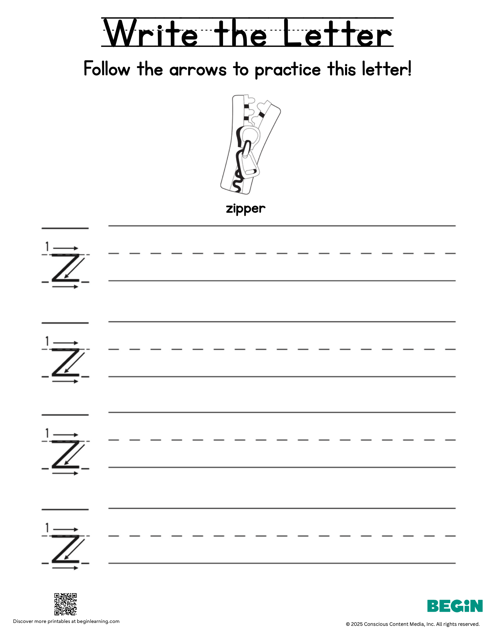 Printing & Writing Worksheet - Letter Z - Lowercase