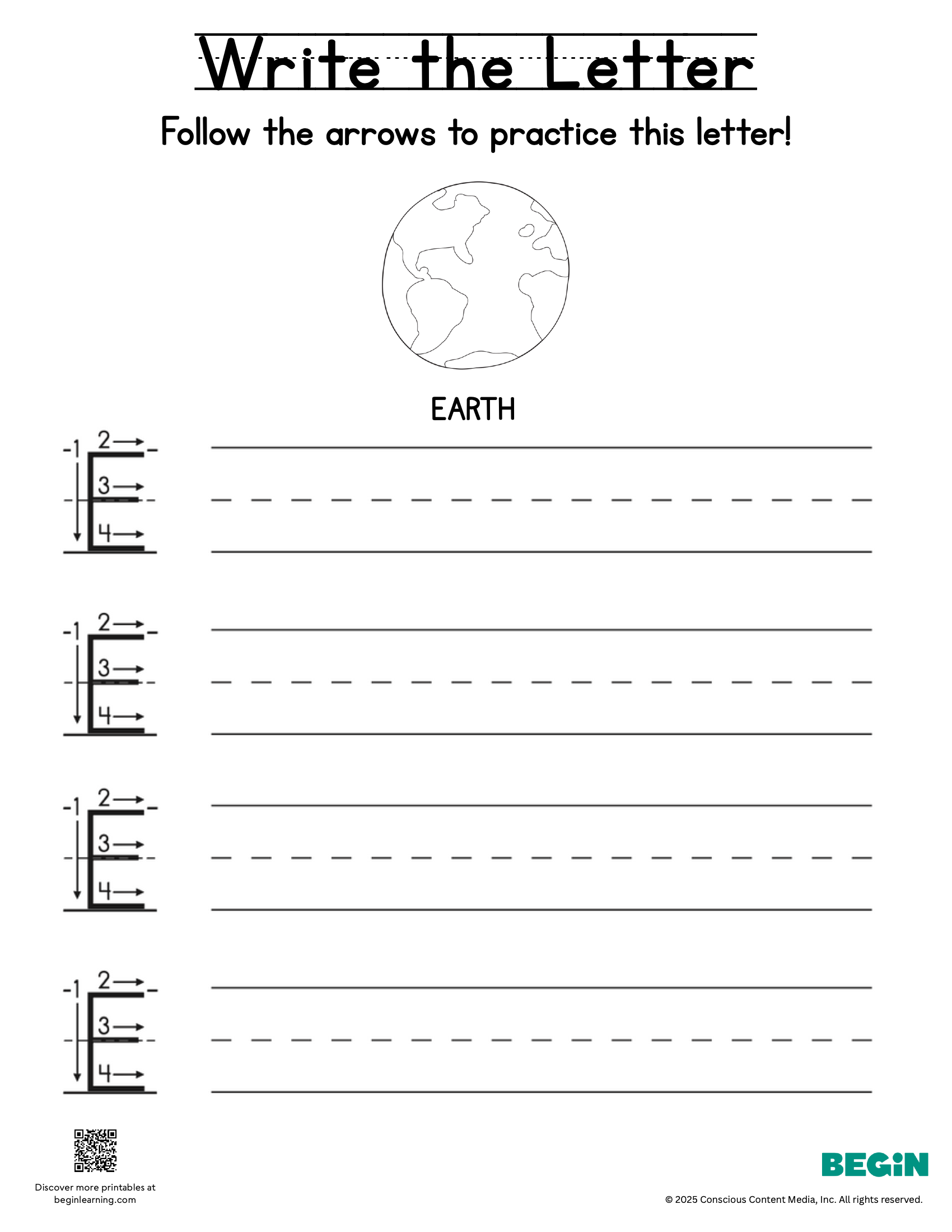 Printing & Writing Worksheet - Letter E - Uppercase