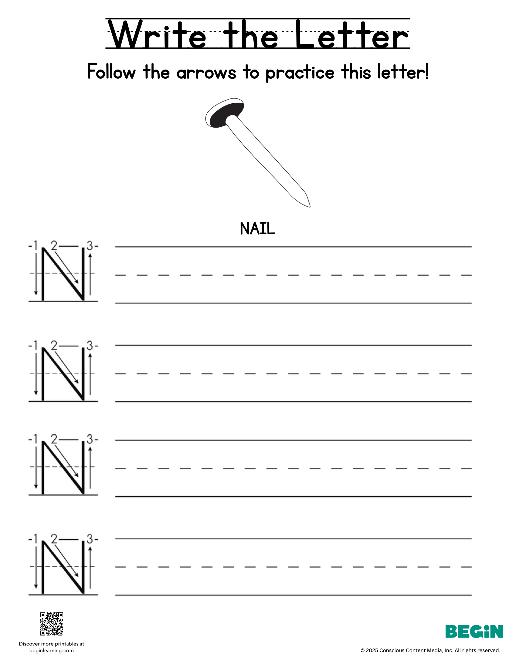 Printing & Writing Worksheet - Letter N - Uppercase