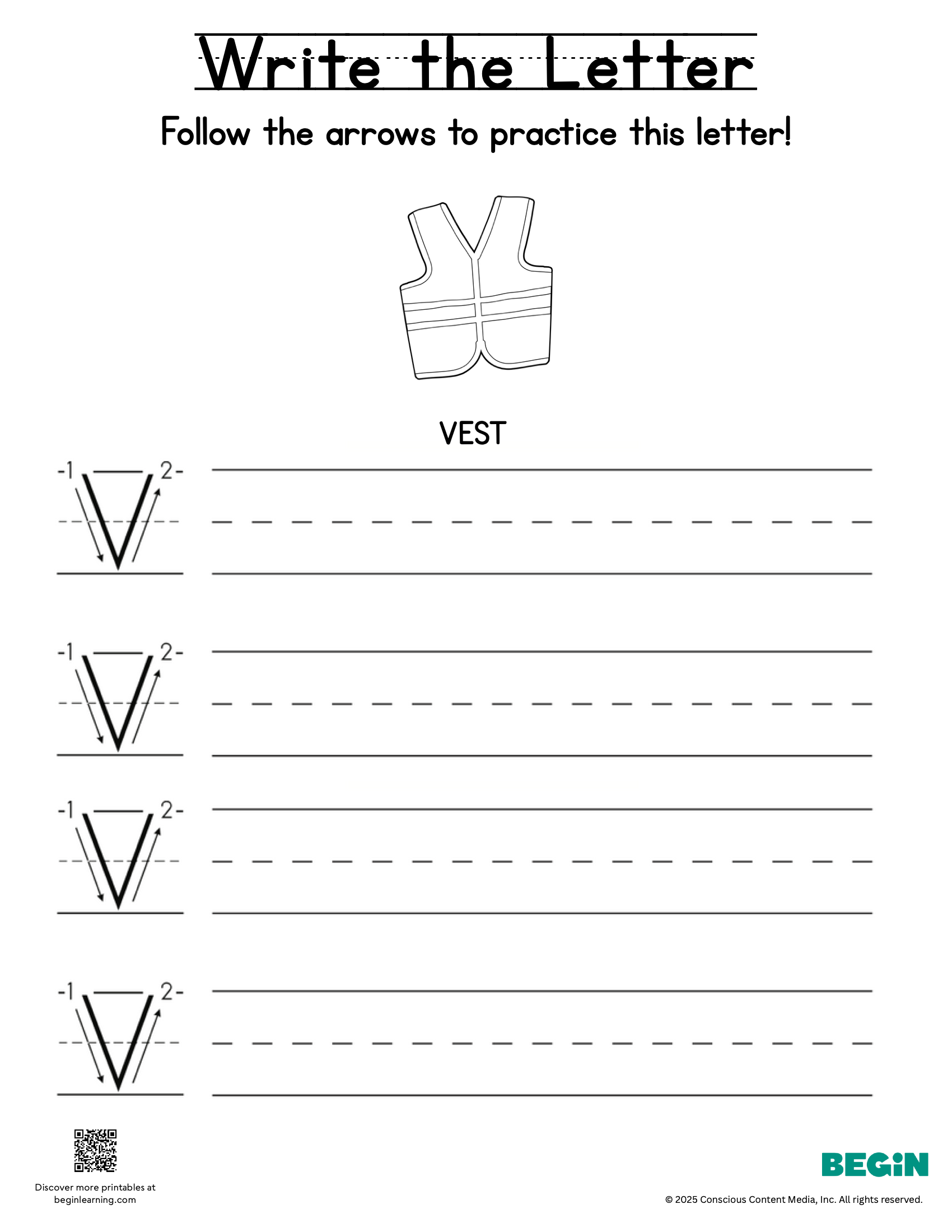 Printing & Writing Worksheet - Letter V - Uppercase