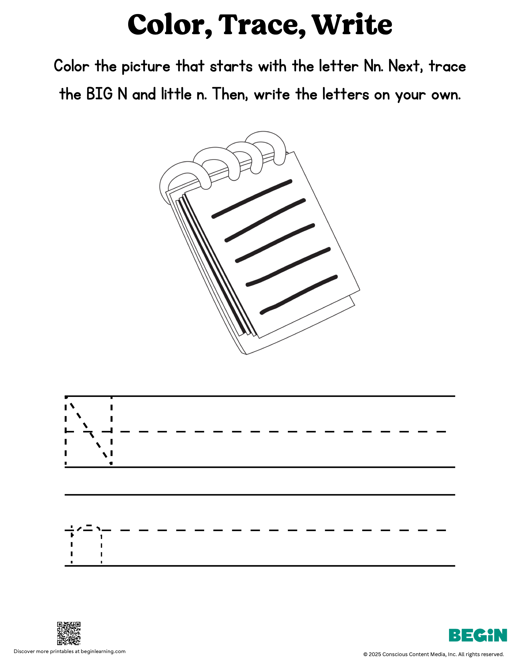 Color Trace Write Mixed Letter N Printable