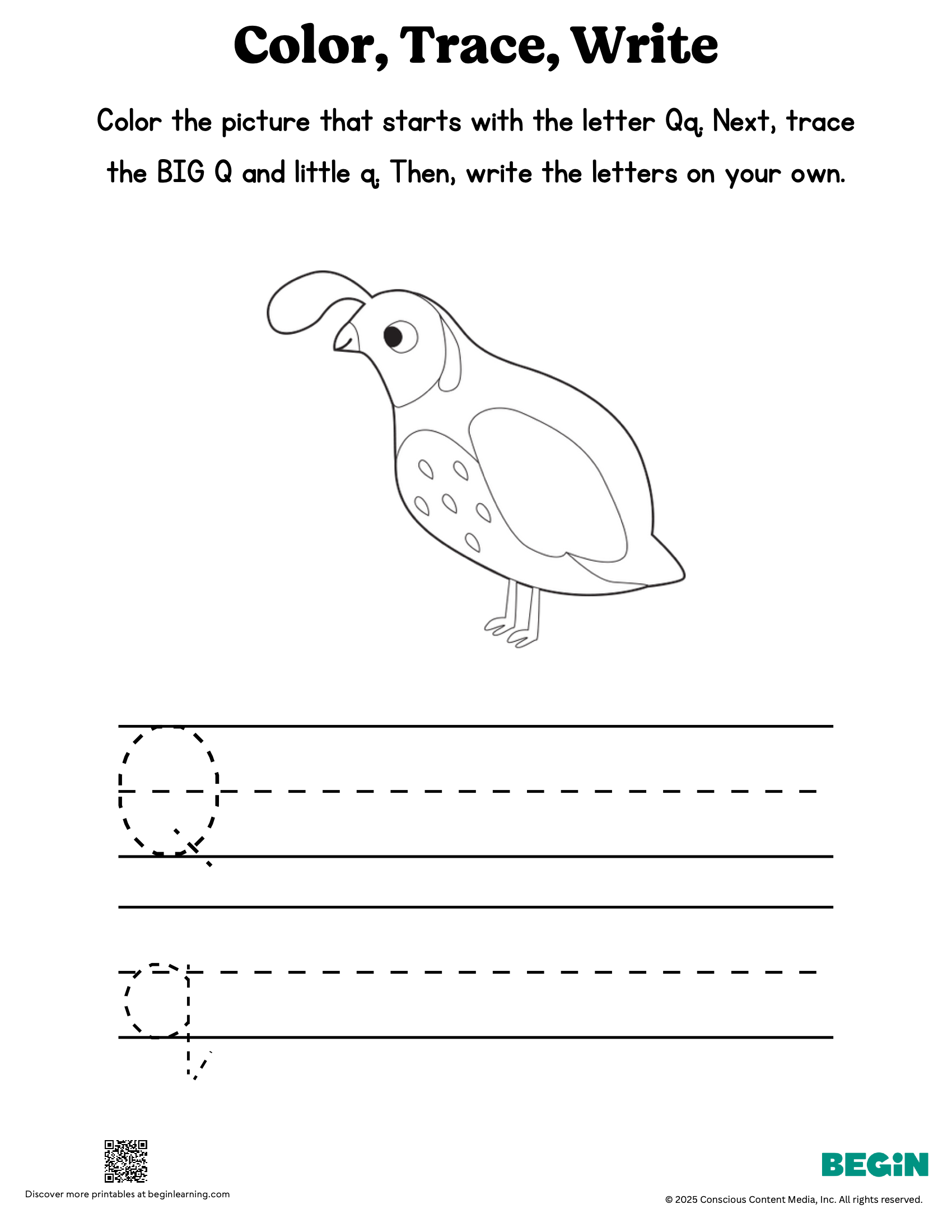 Color Trace Write Mixed Letter Q Printable