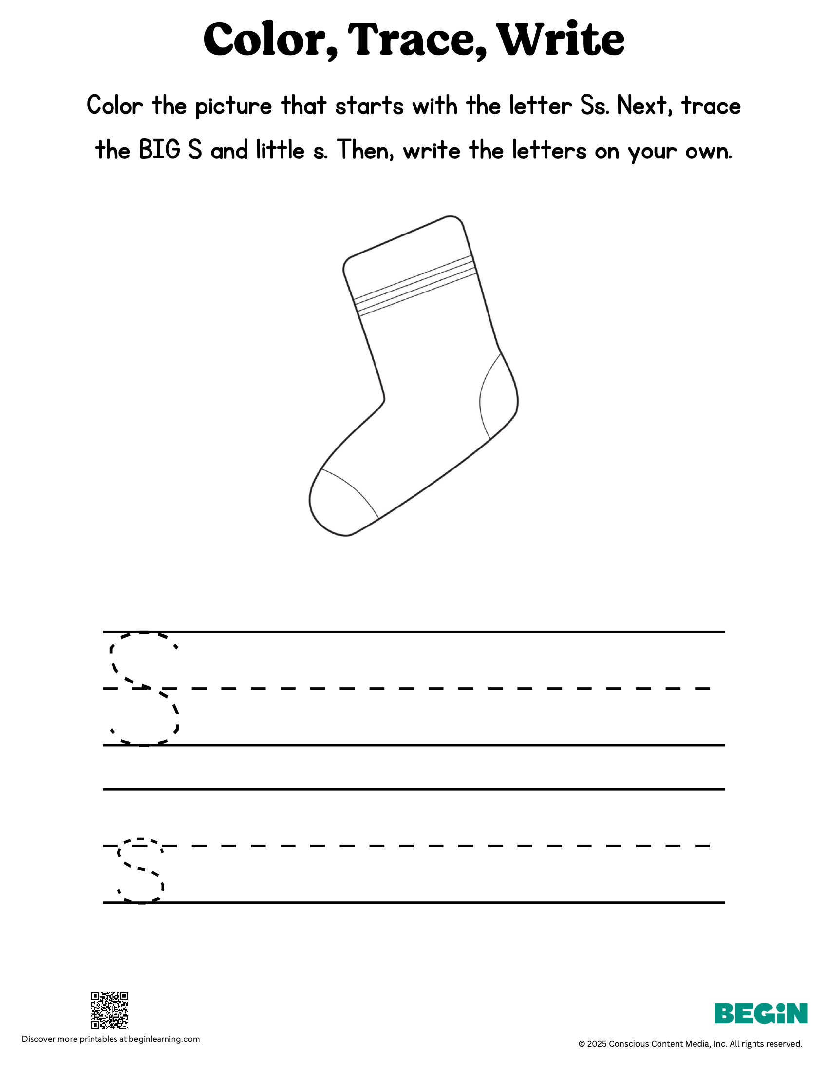 Color Trace Write Mixed Letter S Printable