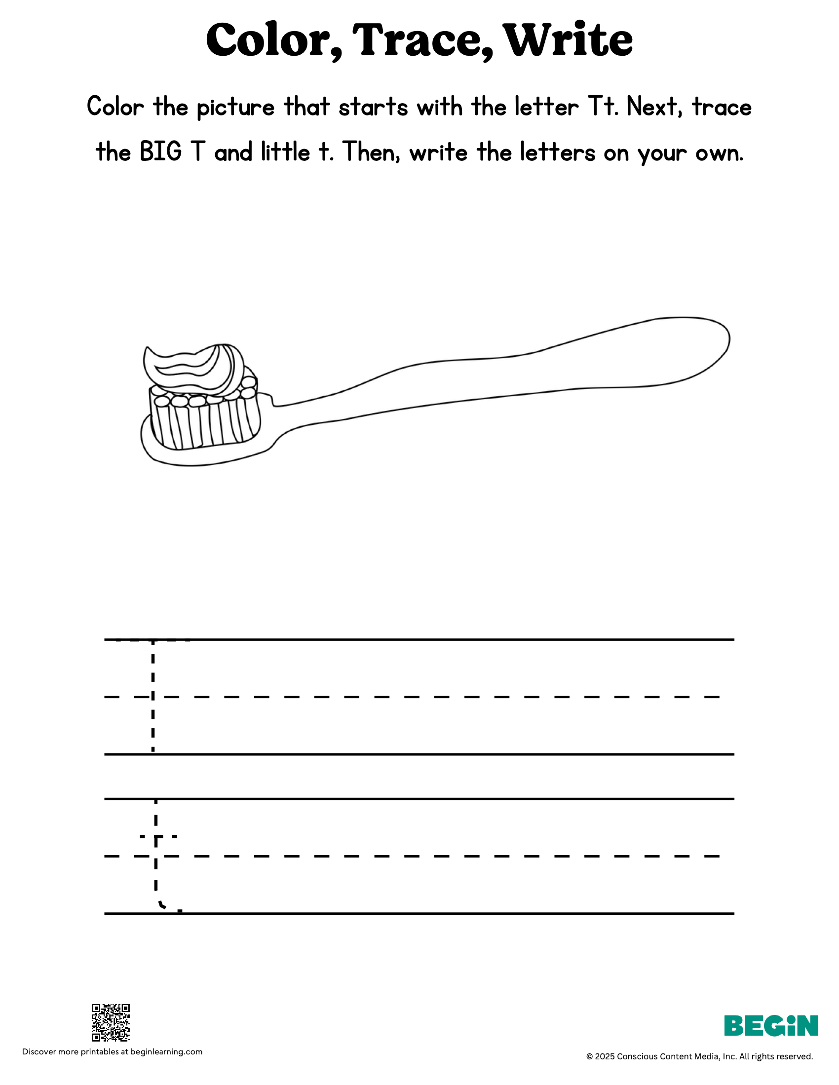 Color Trace Write Mixed Letter T Printable