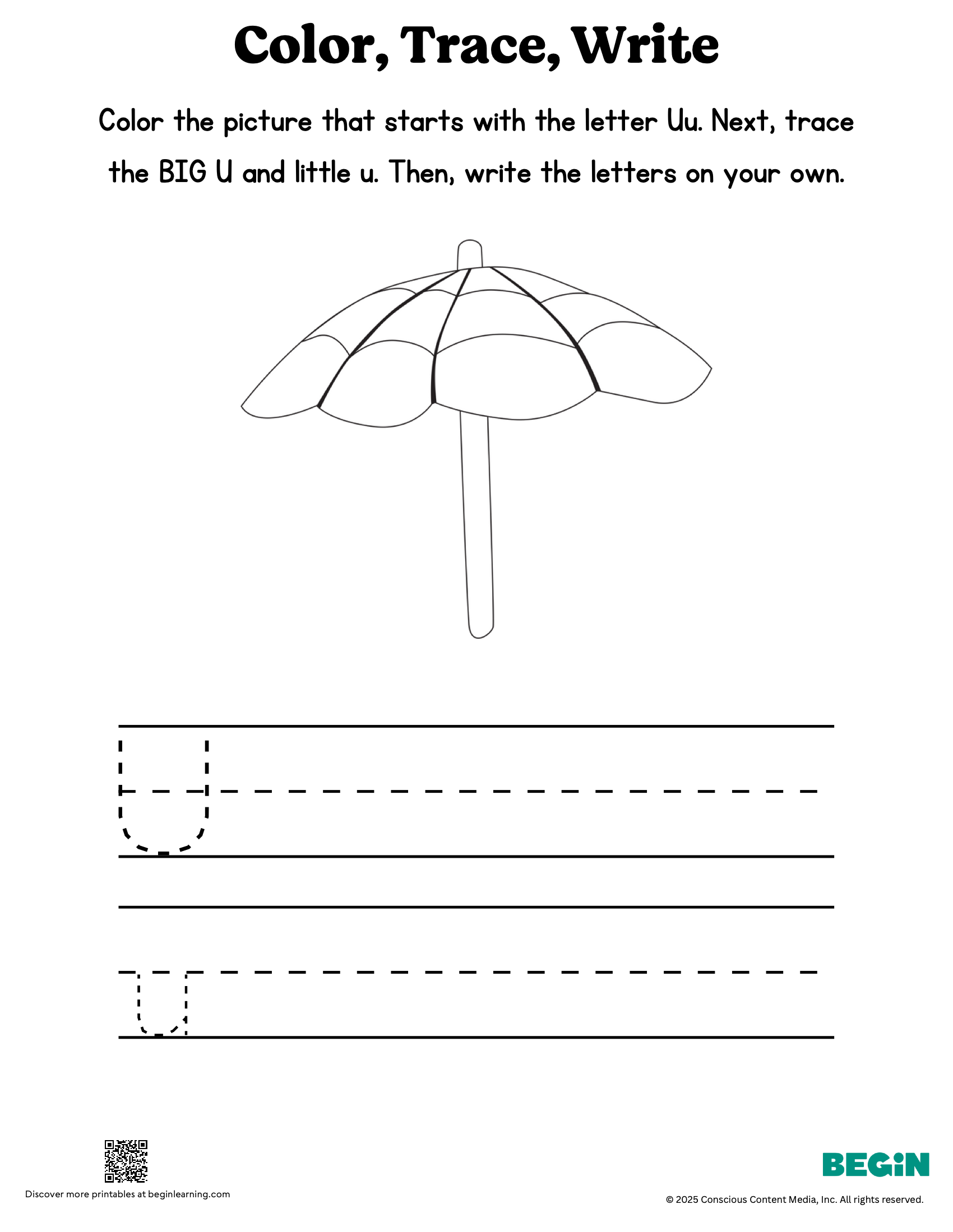 Color Trace Write Mixed Letter U Printable