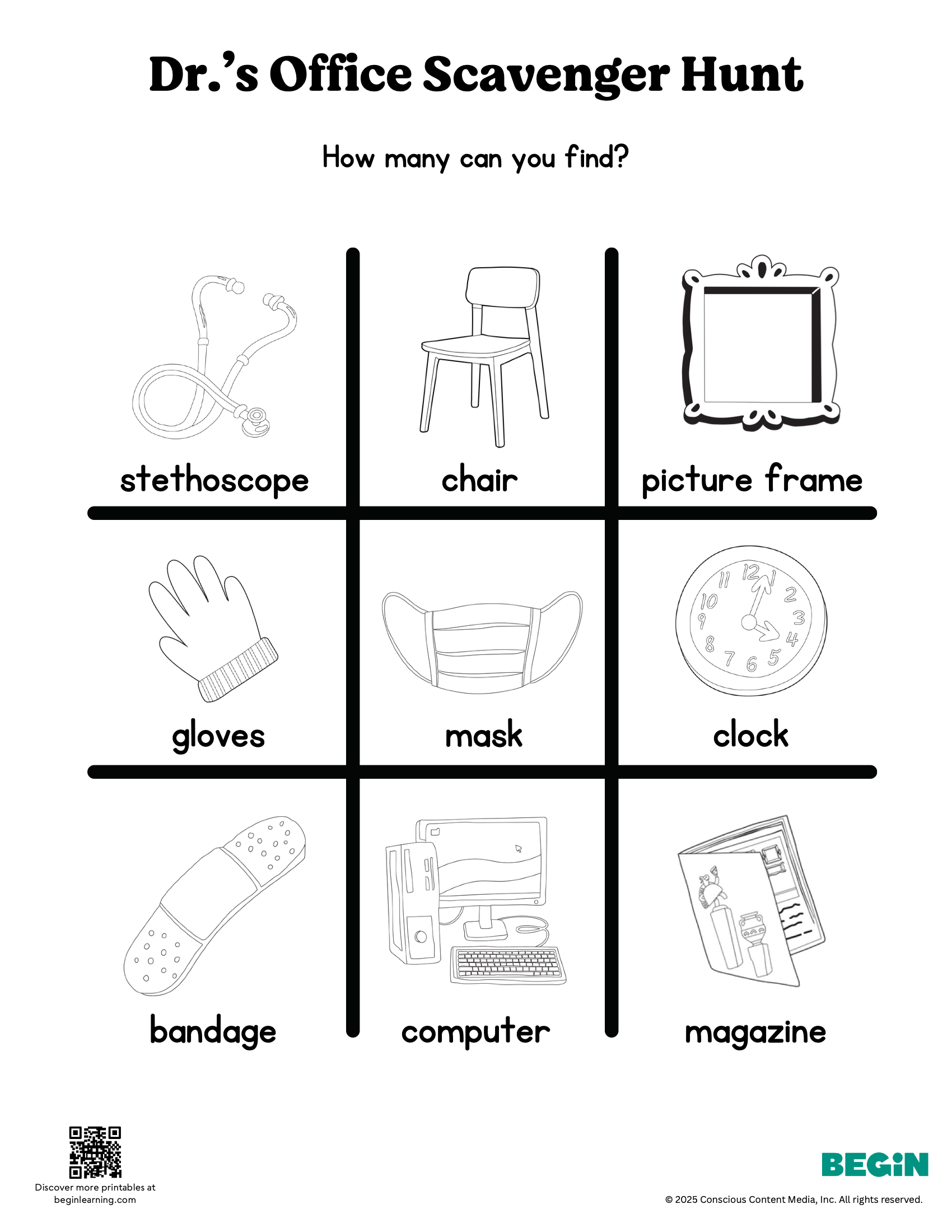 Doctor's Office Scavenger Hunt Black And White Worksheet