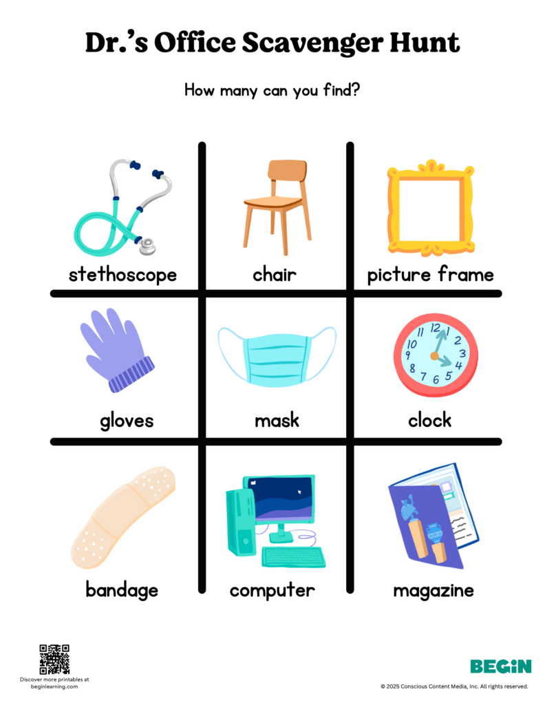 Doctor's Office Scavenger Hunt Color Worksheet