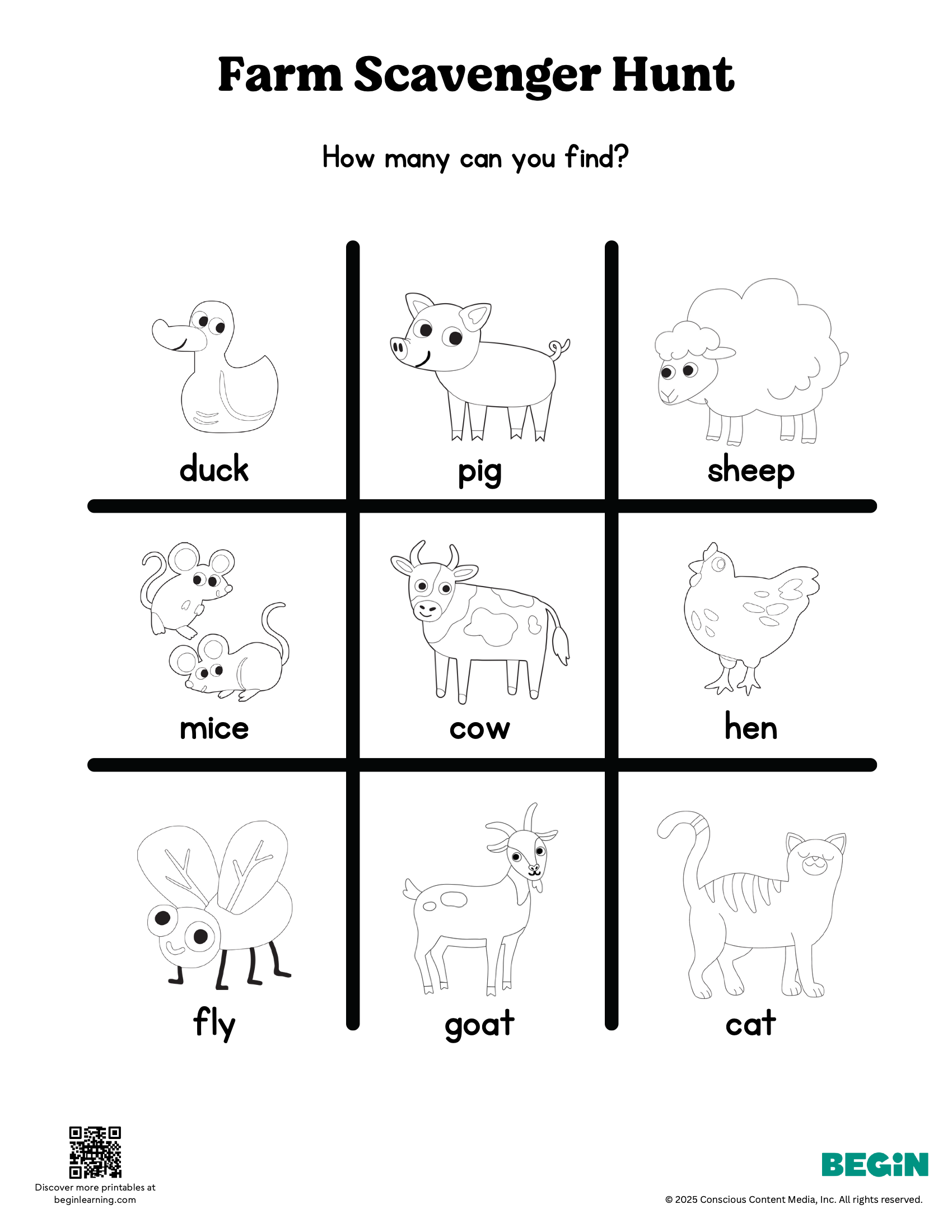 Farm Scavenger Hunt Black And White Worksheet