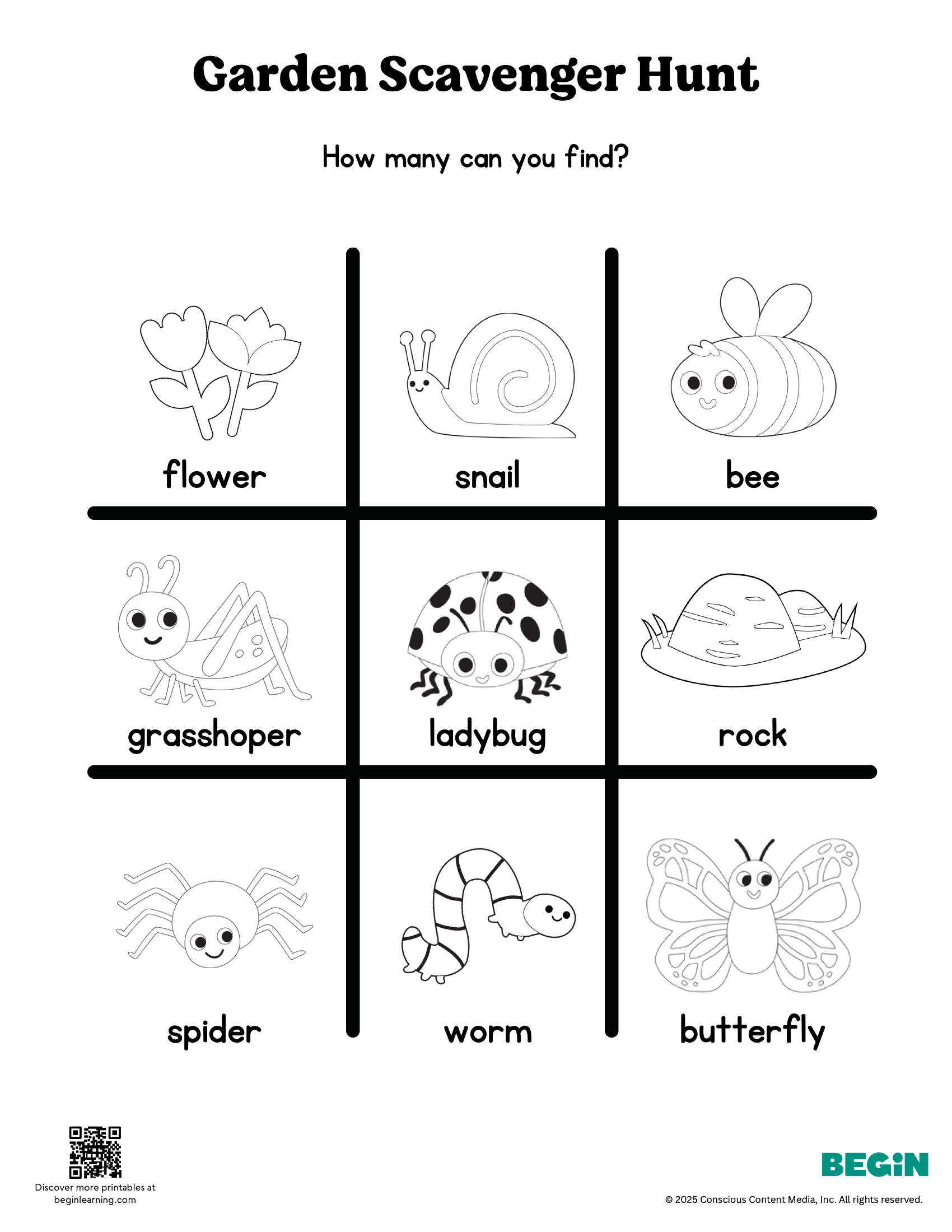 Garden Scavenger Hunt Black And White Worksheet
