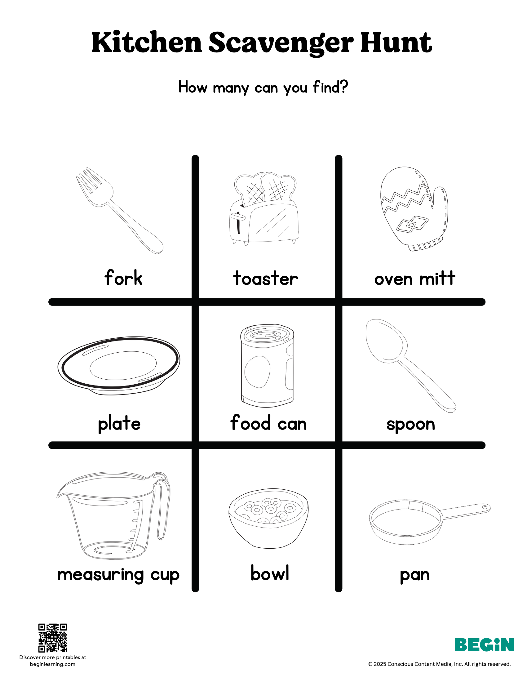 Kitchen Scavenger Hunt Black And White Worksheet