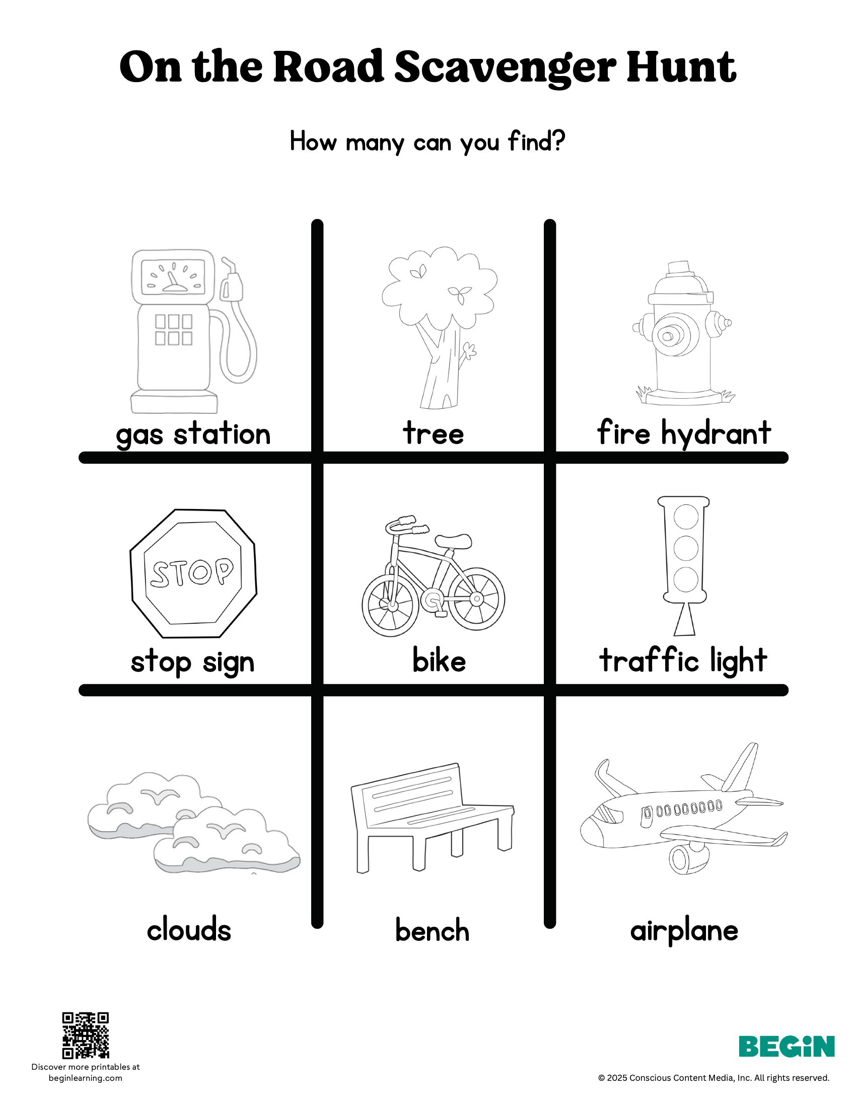 On The Road Scavenger Hunt Black And White Worksheet