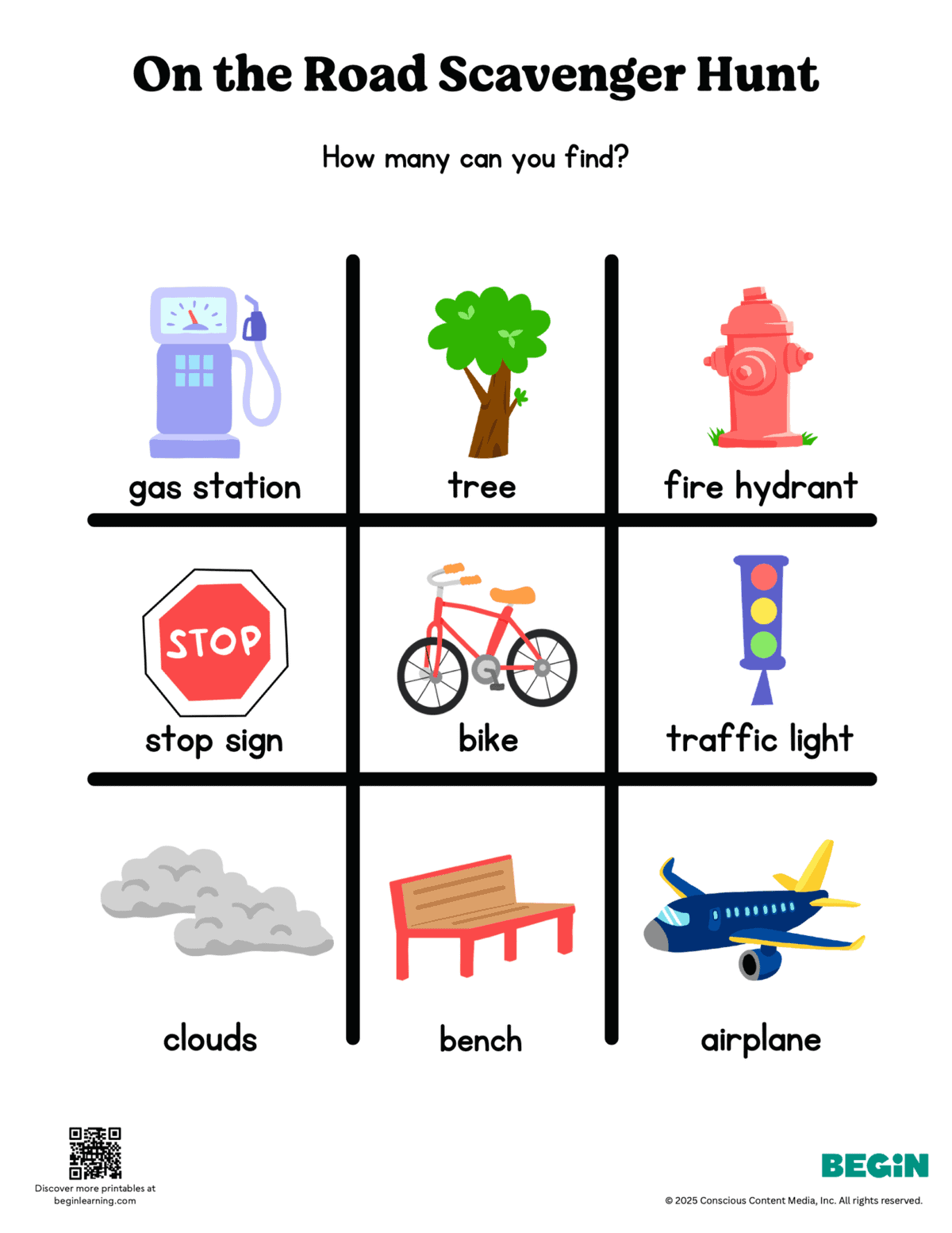 Free Printable On The Road Scavenger Hunt For Kids | Begin Learning