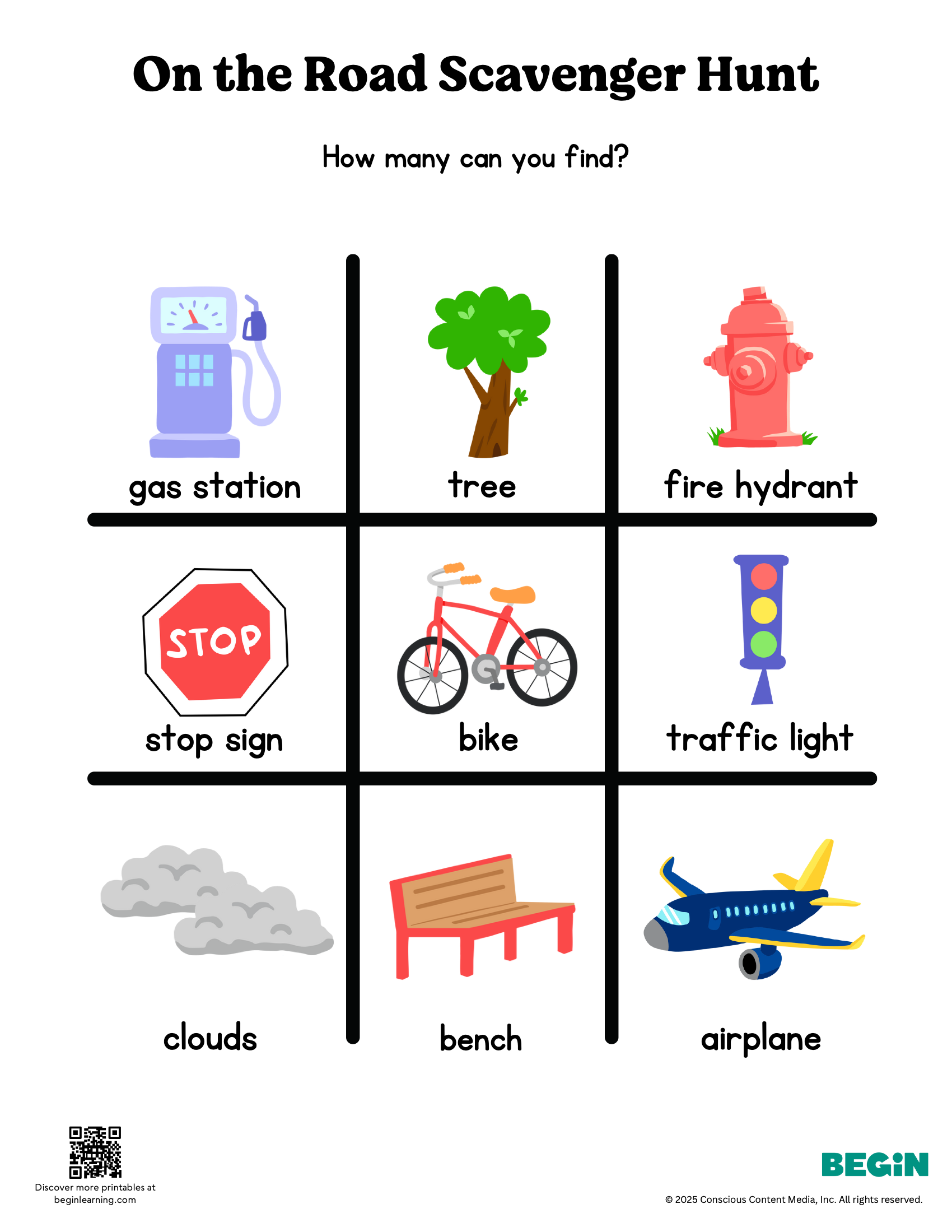 On The Road Scavenger Hunt Color Worksheet