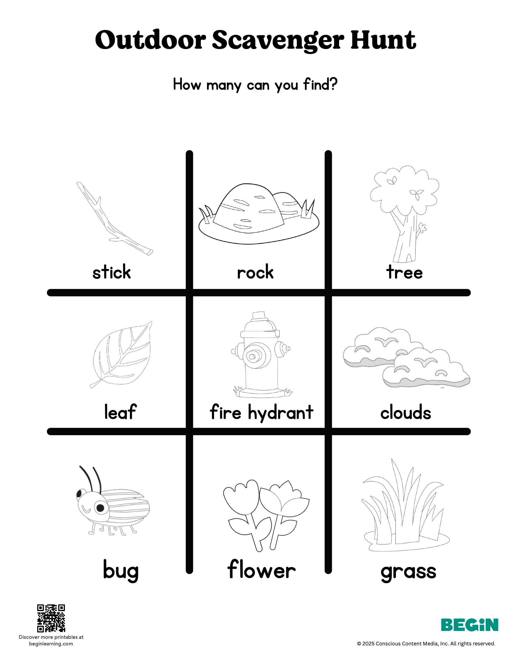 Outdoor Scavenger Hunt Black And White Worksheet