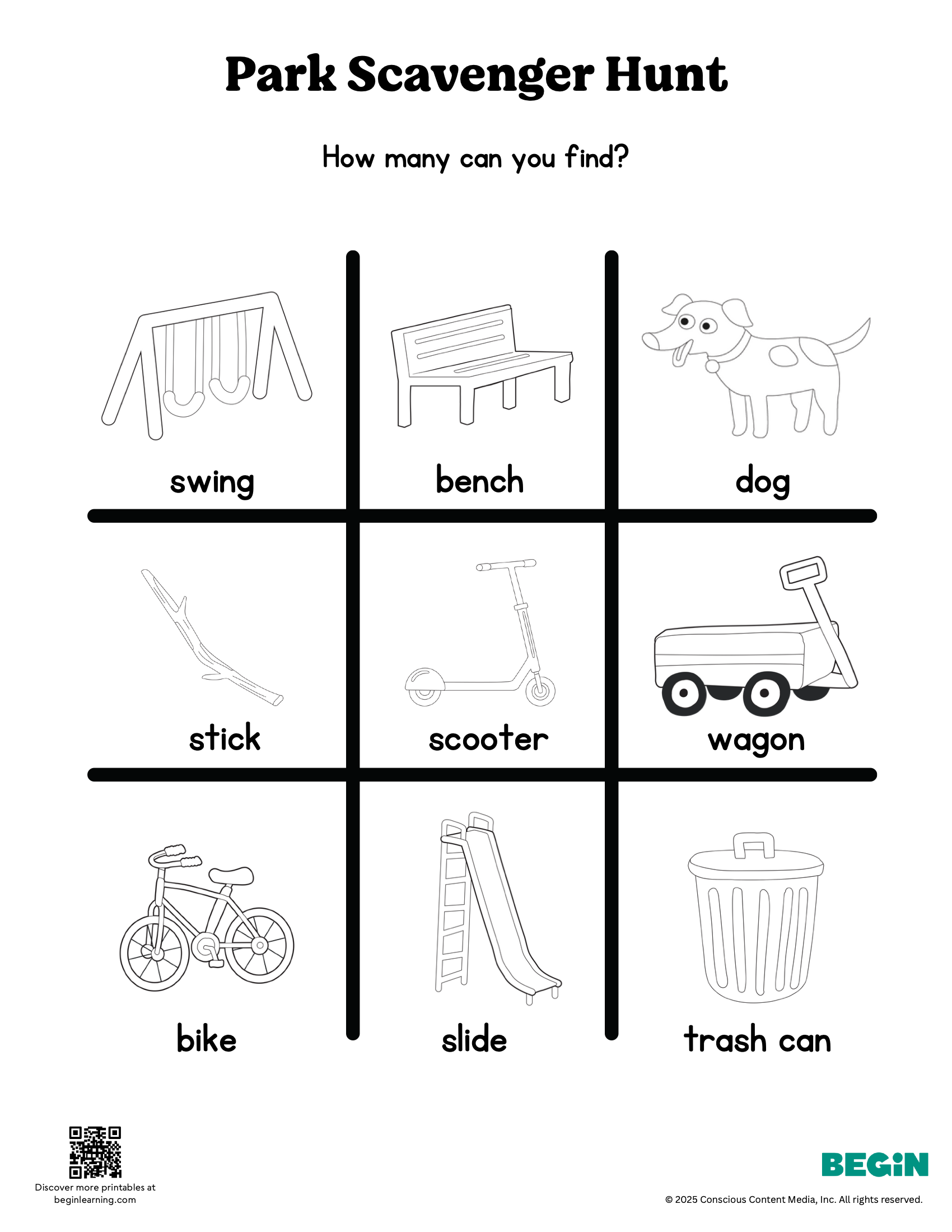 Park Scavenger Hunt Black And White Worksheet